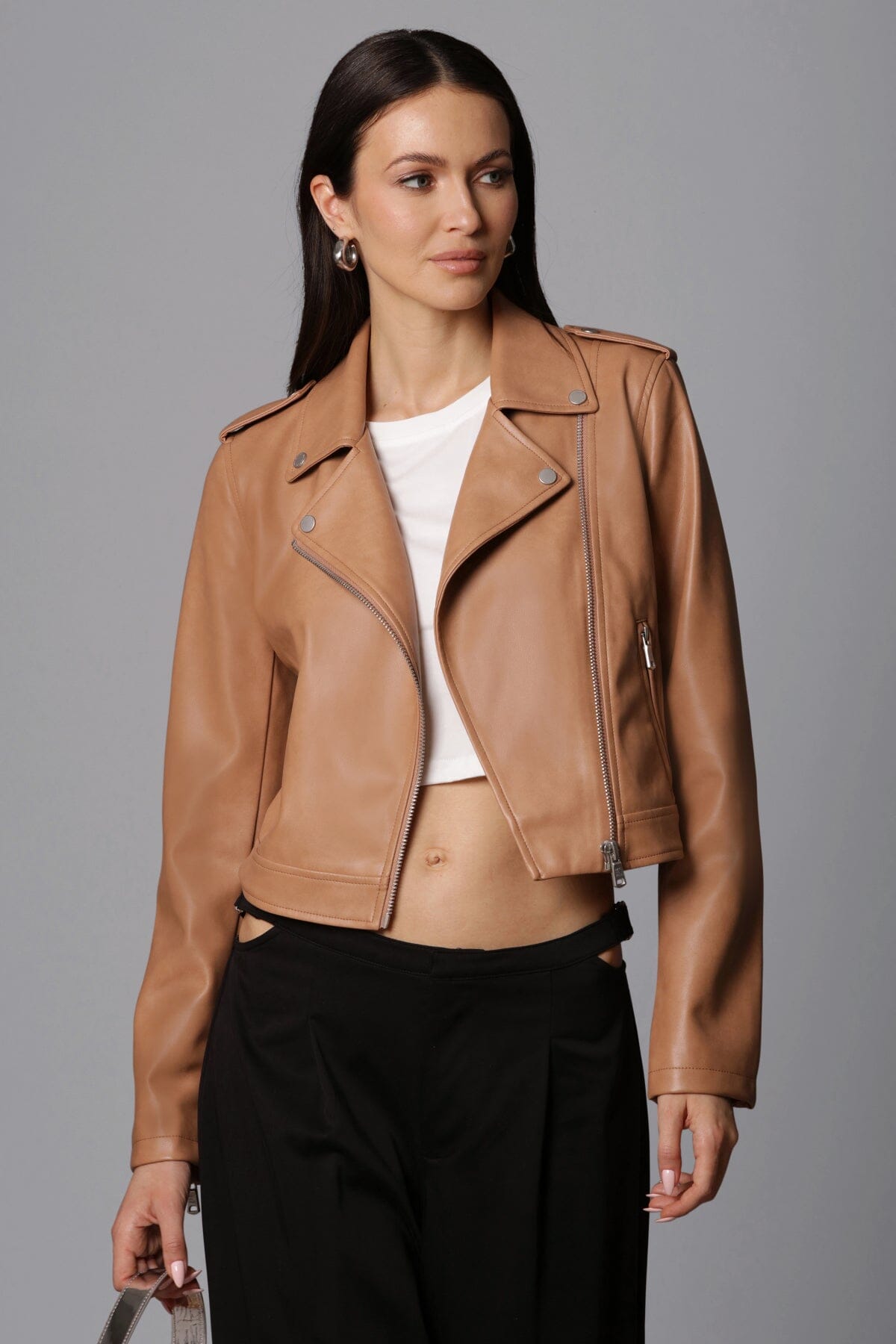 faux ever leather classic biker jacket camel brown - women's figure flattering office to date night jackets