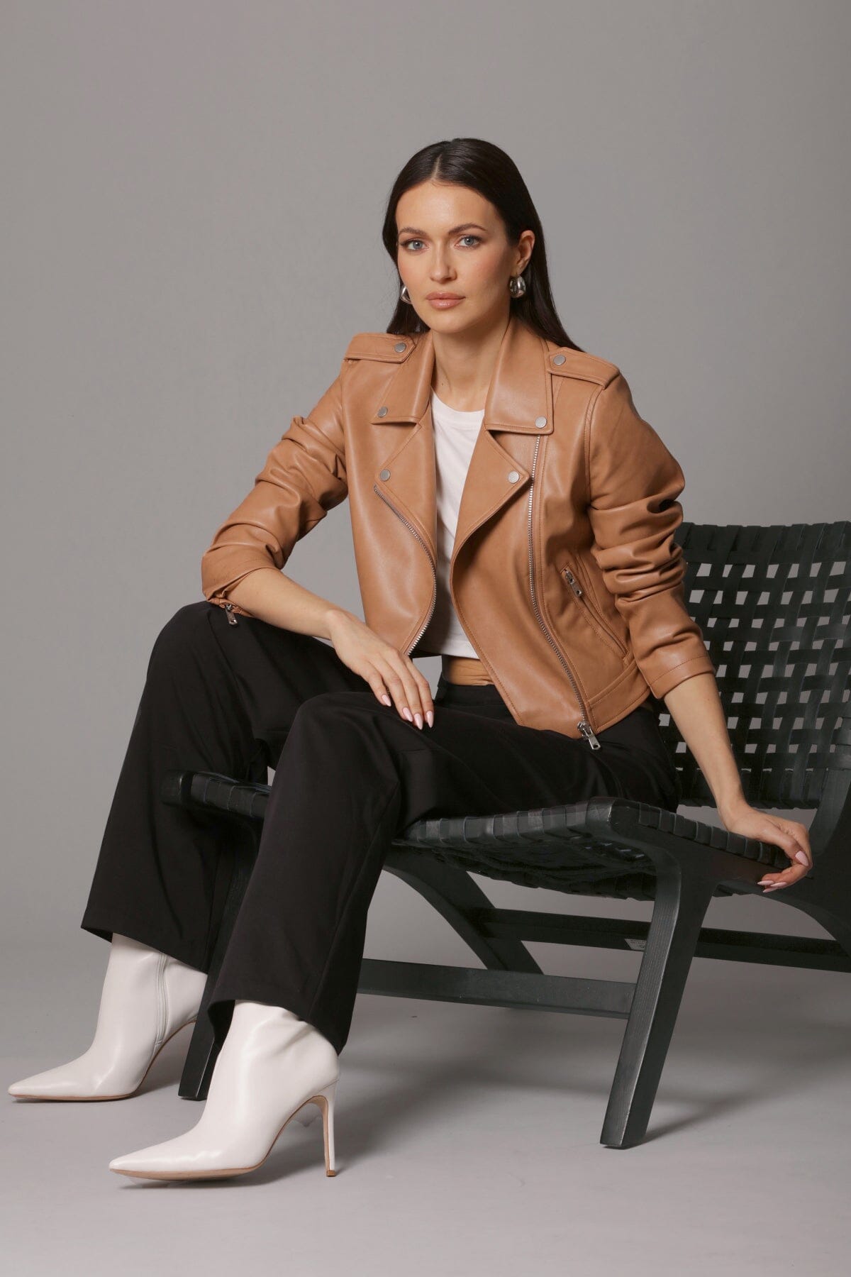 faux ever leather classic biker jacket camel brown - figure flattering designer fashion date night jackets for women