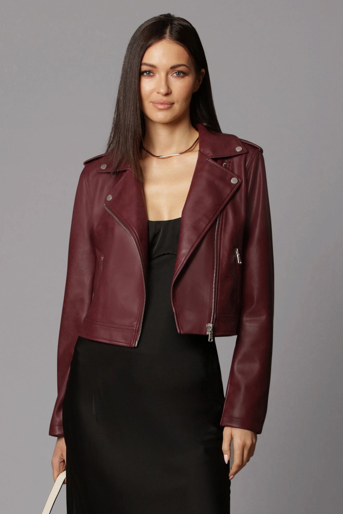 faux ever leather classic biker jacket zinfandel red - women's figure flattering designer fashion date night jackets