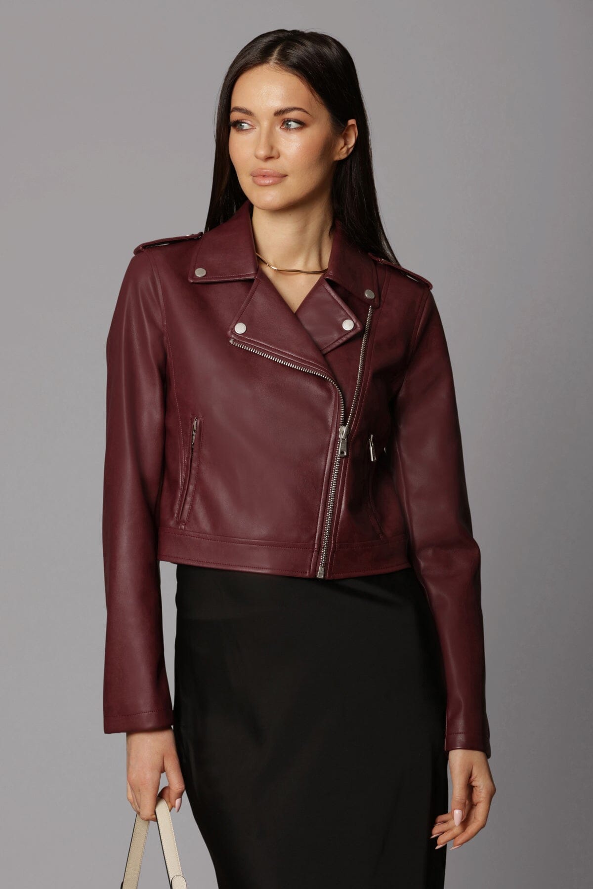faux ever leather classic biker jacket zinfandel red - figure flattering designer fashion office to date night jackets for women