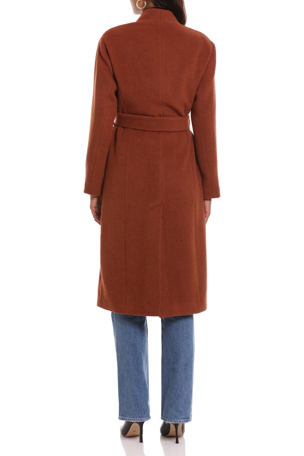 Cinnamon brown wool blend overlap collar long coat jacket - 