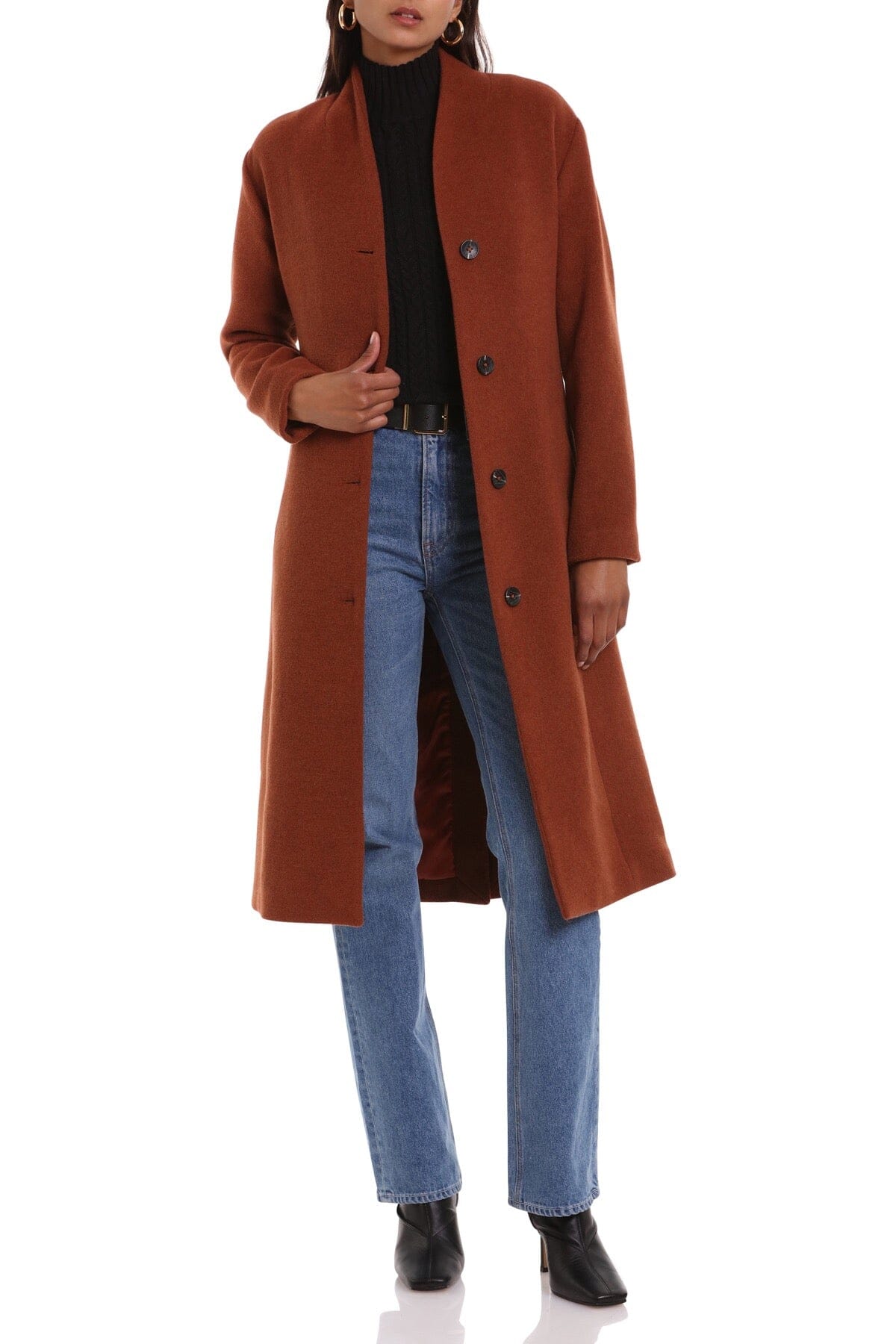 Cinnamon brown wool blend overlap collar long coat jacket - 