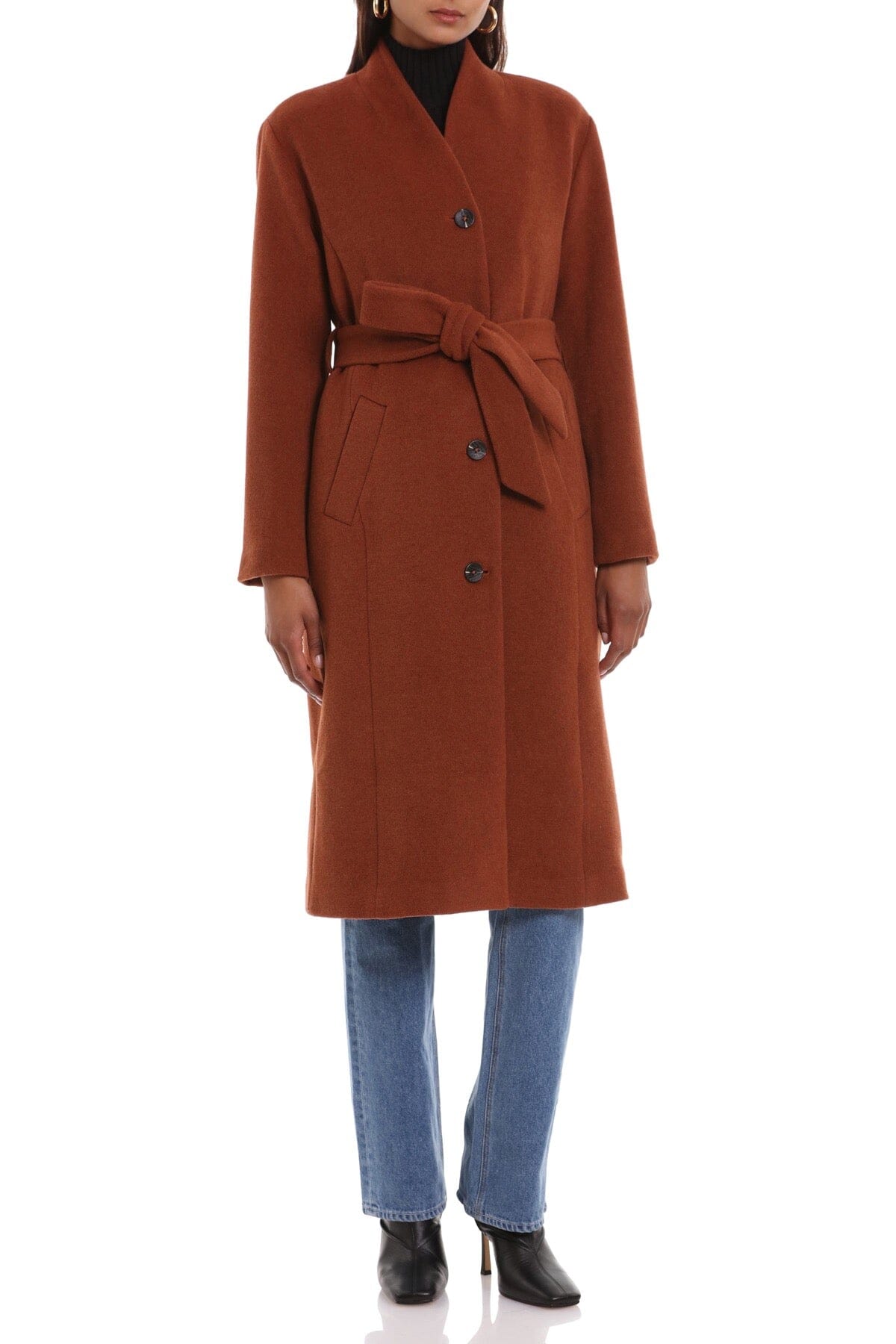 Cinnamon brown wool blend overlap collar long coat jacket - 