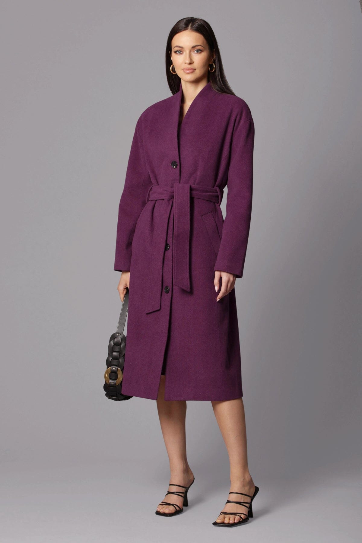 Aubergine purple wool blend overlap collar belted long tailored coat jacket - figure flattering work appropriate coats jackets for women