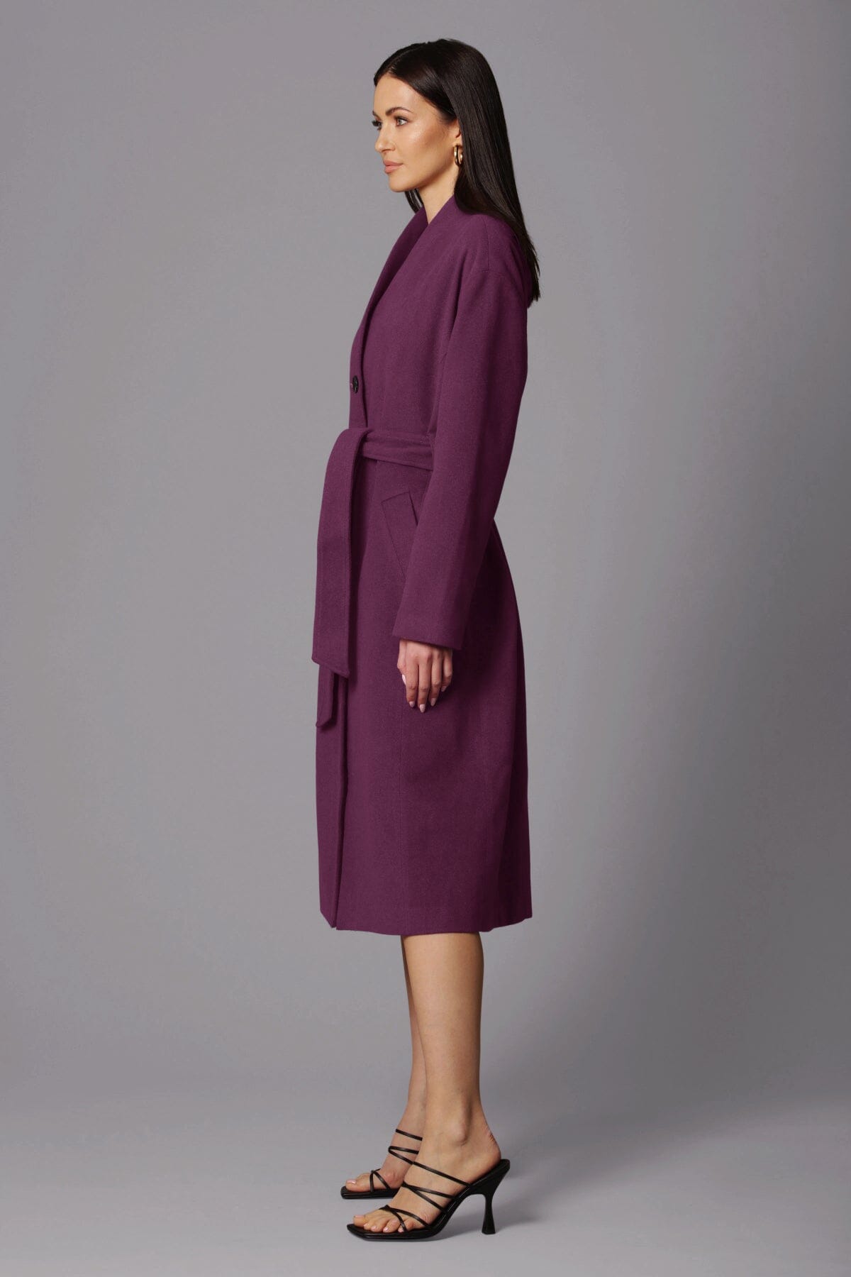 Aubergine purple wool blend overlap collar long coat jacket - women's figure flattering fall 2023 coats outerwear