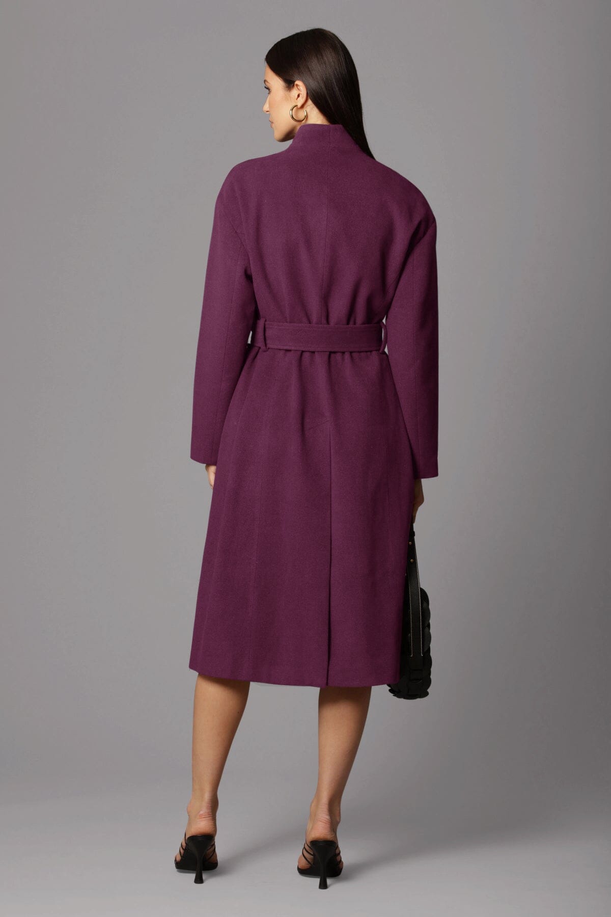 Aubergine purple wool blend overlap collar long coat jacket - figure flattering cute date night coats jackets for women