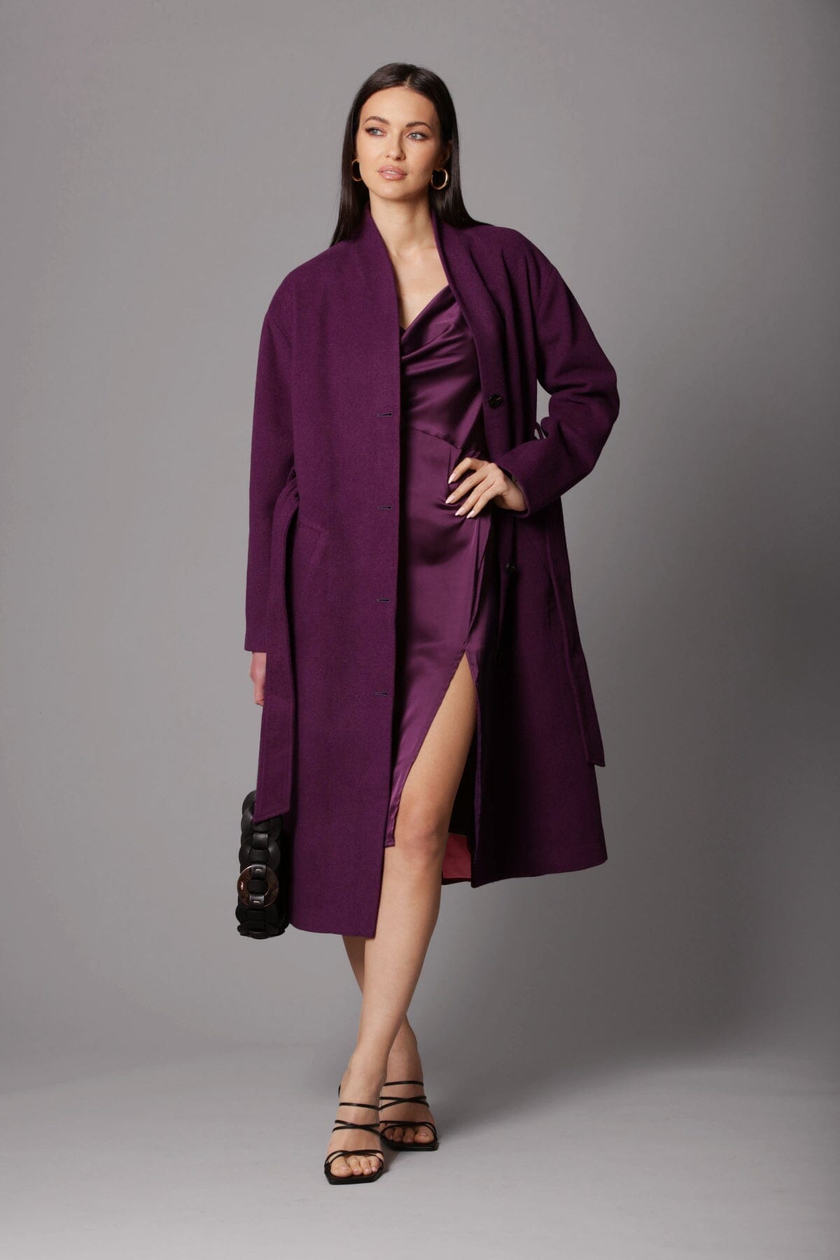 Aubergine purple wool blend overlap collar long coat jacket - women's figure flattering day to night outerwear for fall