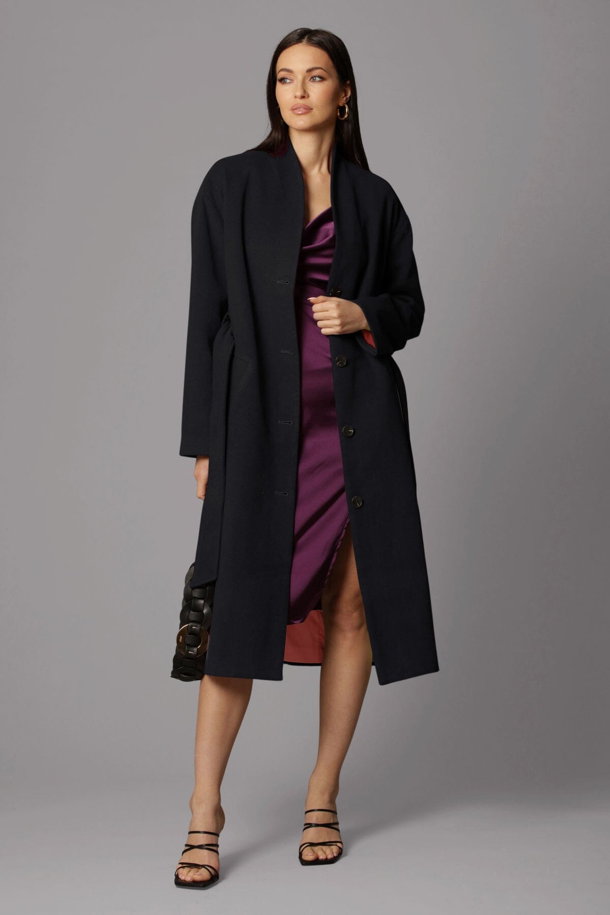 black wool blend overlap collar long coat jacket - figure flattering sophisticated work appropriate coats jackets for women