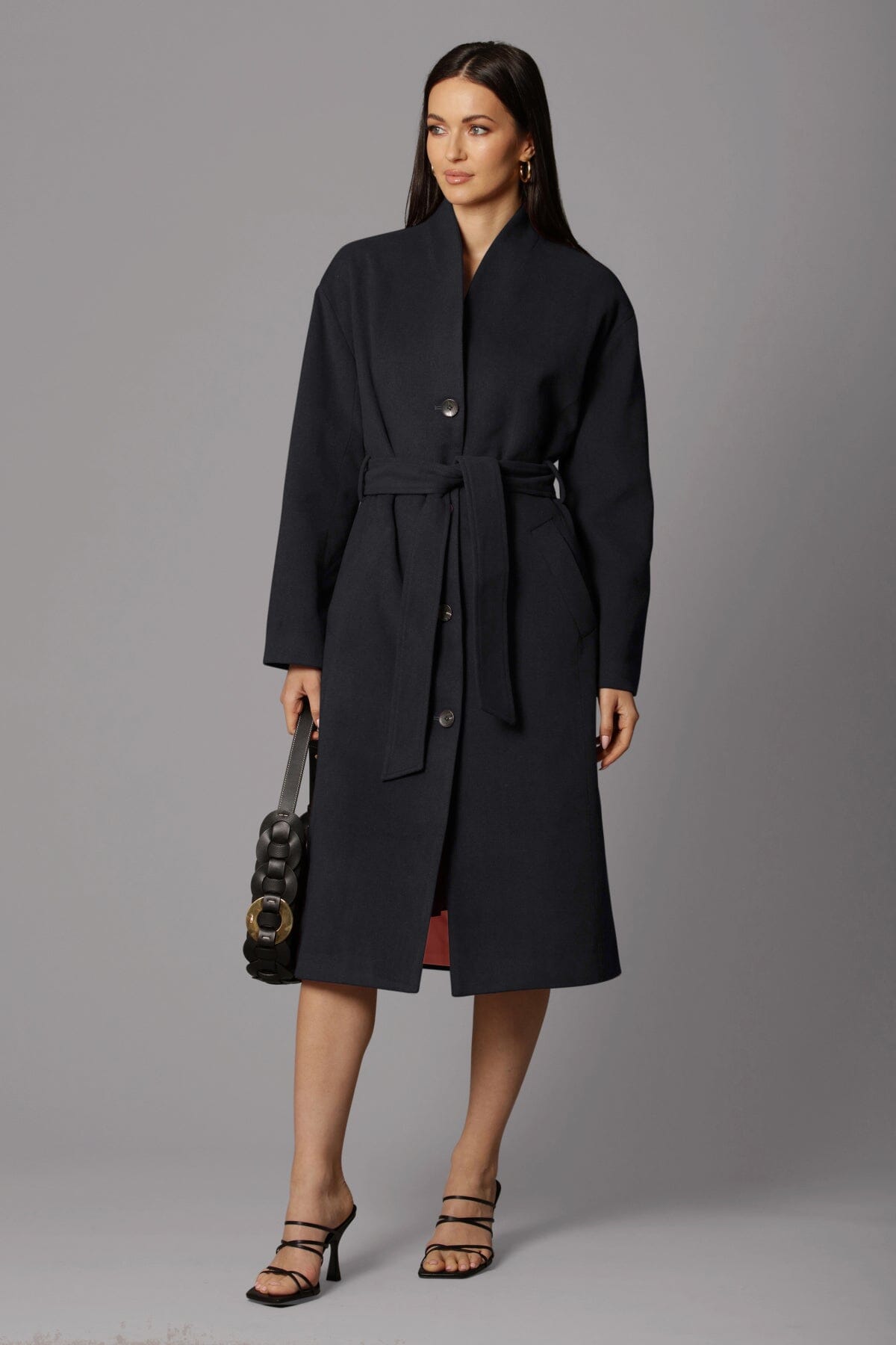 Black wool blend overlap collar long coat jacket - women's figure flattering modern sophisticated coats jackets for fall
