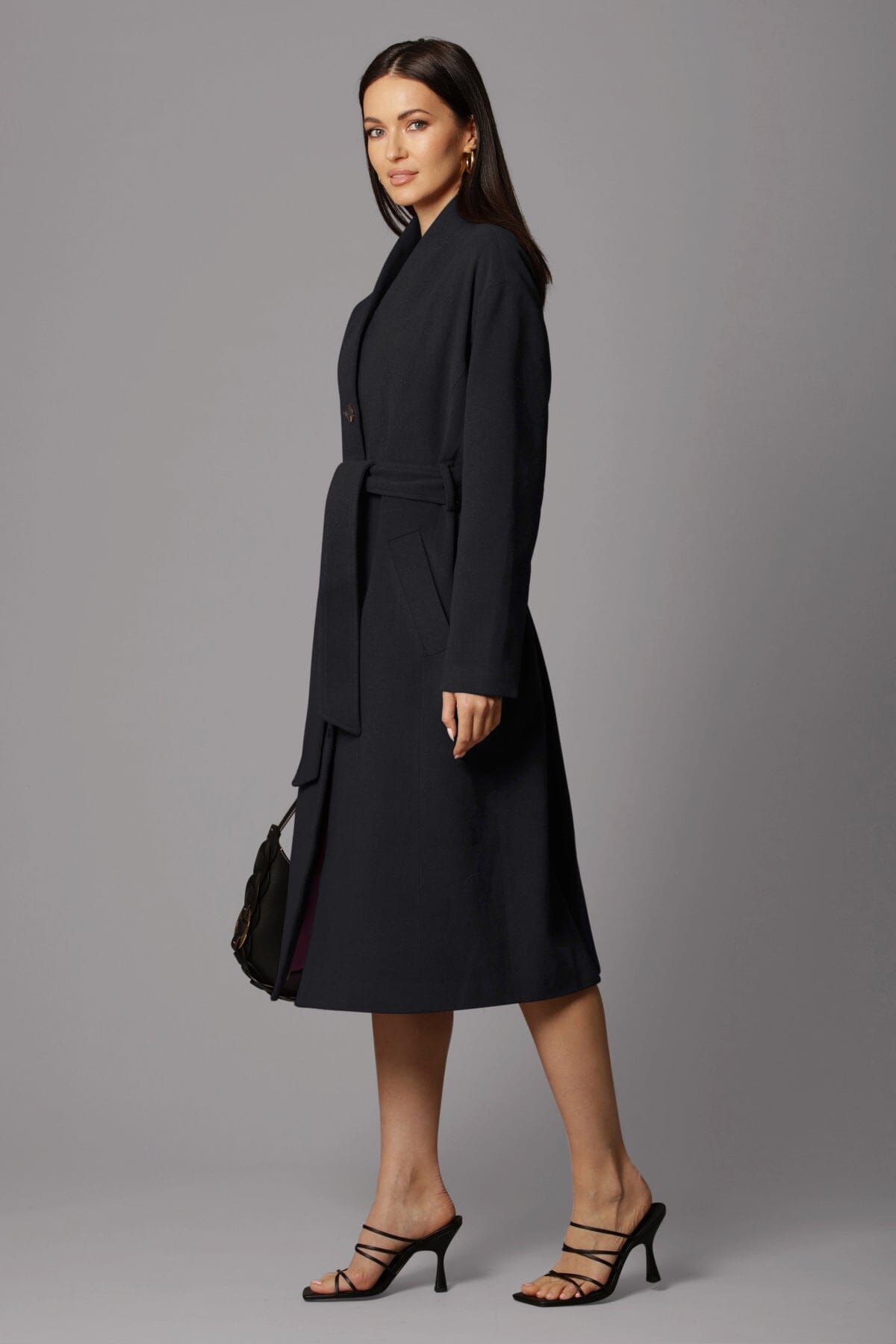 Black wool blend overlap collar long coat jacket - 