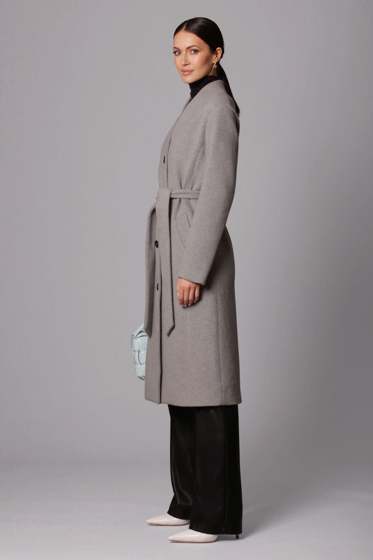 Light grey wool blend overlap collar long coat jacket - 
