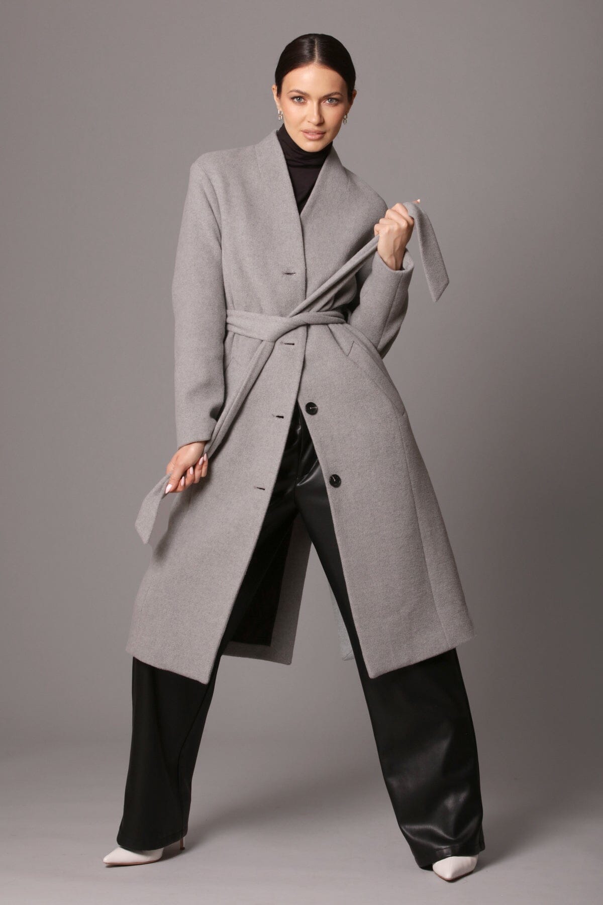 Light grey wool blend overlap collar long coat jacket - 