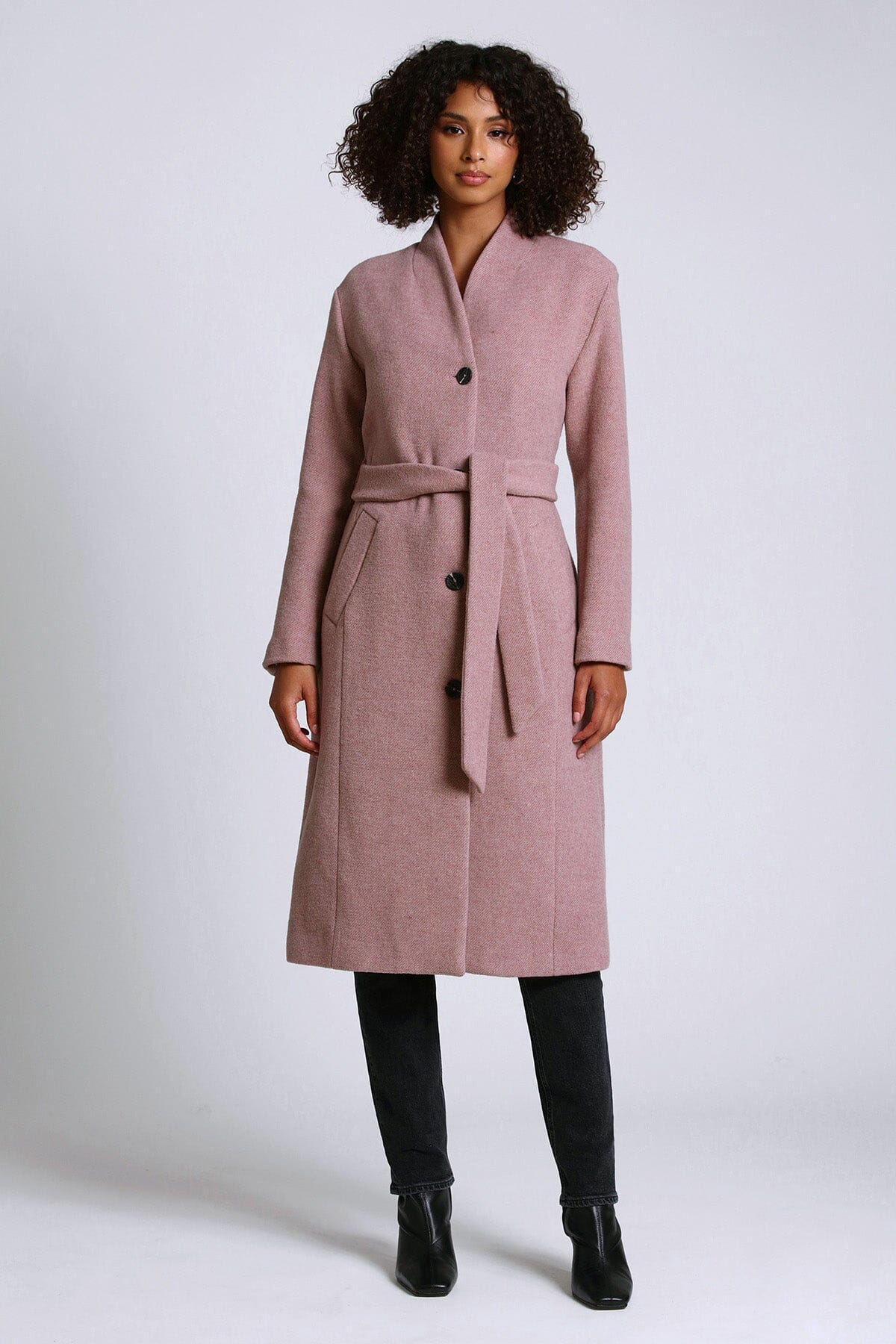 Portabella pink wool blend overlap collar belted tailored long coat jacket 