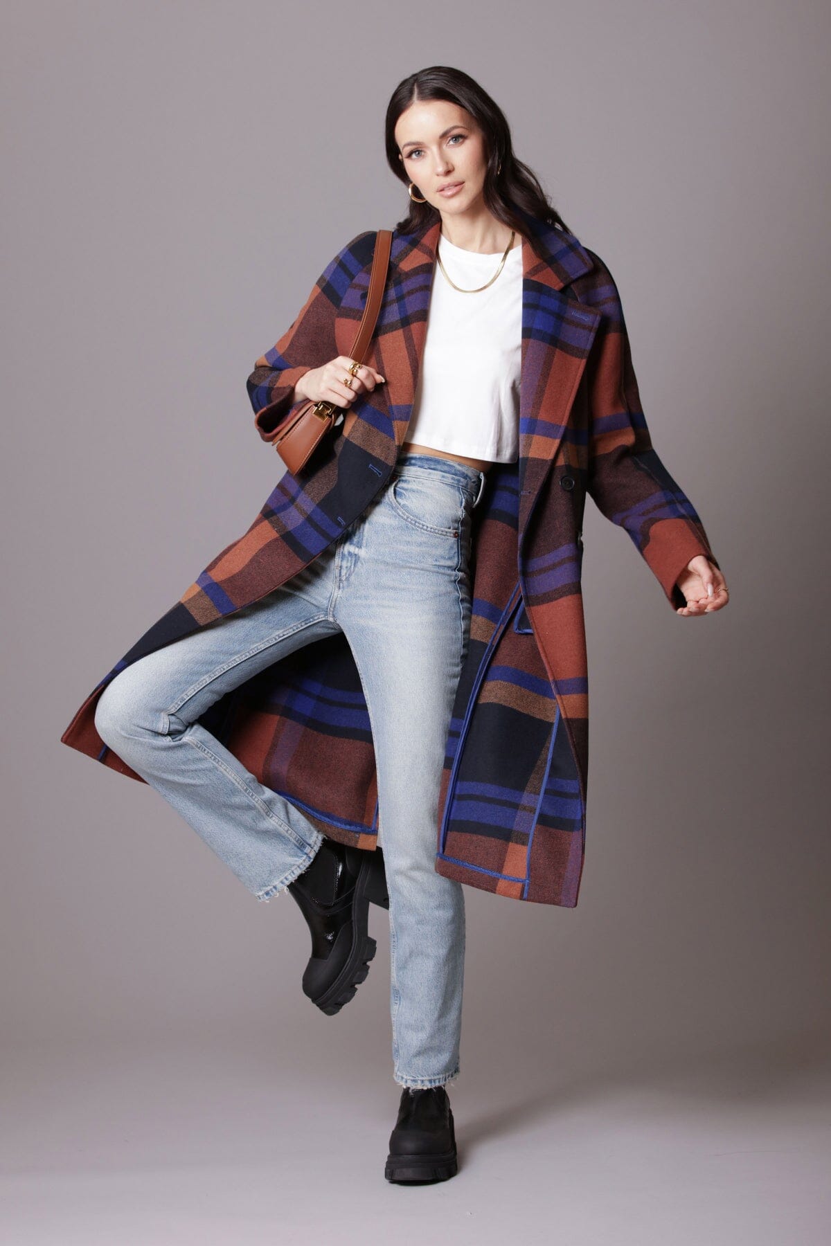 Rust orange and navy double-face plaid relaxed walker coat jacket - figure flattering stylish Fall coats jackets outerwear for women by Avec Les Filles