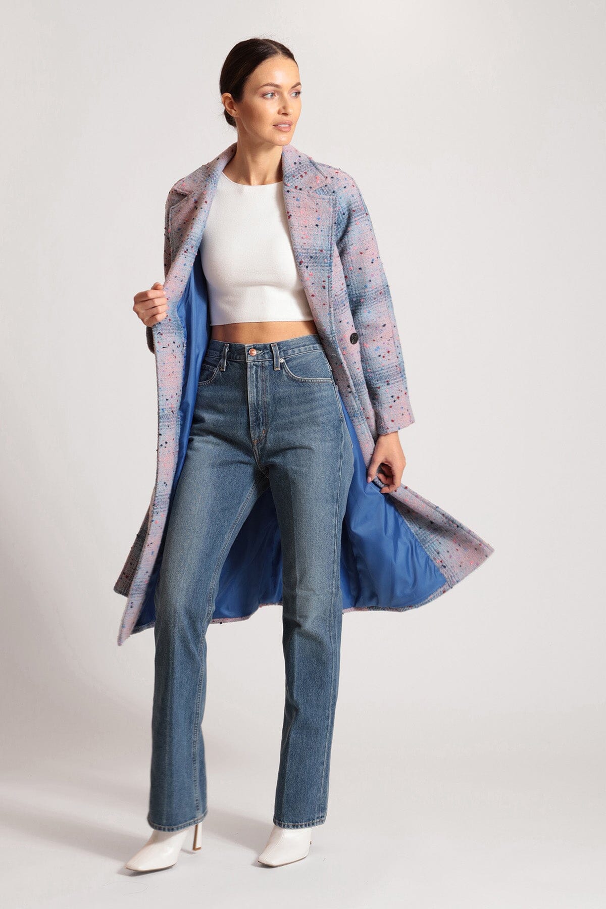 Figure flattering blue and pink donegal tweed wool blend wrap coat jacket outerwear for women by Avec Les Filles