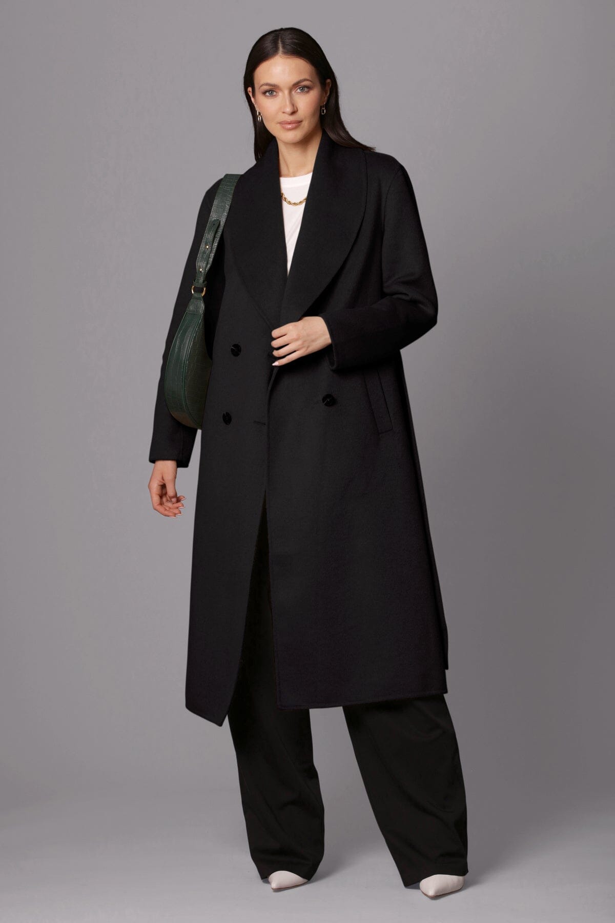 black double face wrap mid length coat - figure flattering office to date night coats outerwear for women