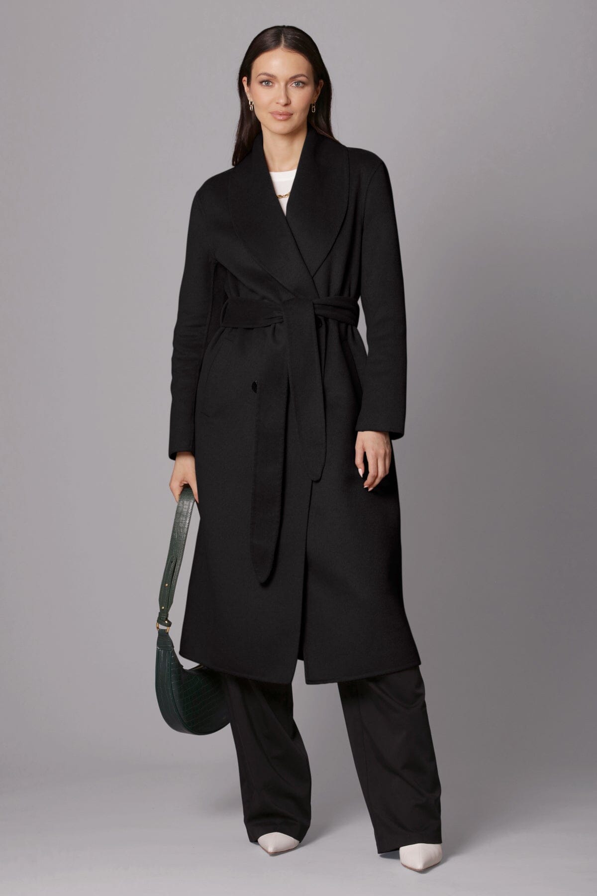 black double face wrap mid length coat - women's figure flattering luxury coats outerwear