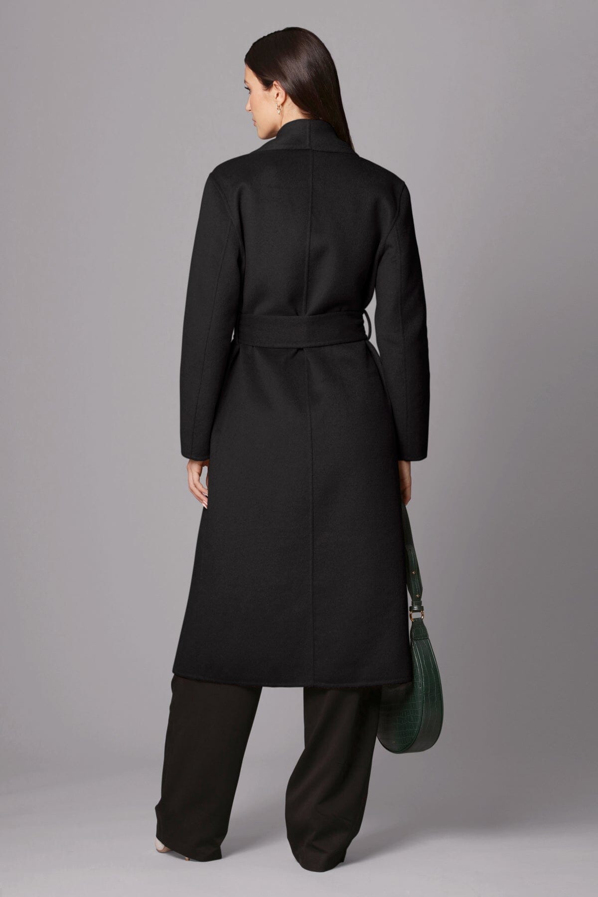 black double face wrap mid length coat - figure flattering cute fall winter coats for women
