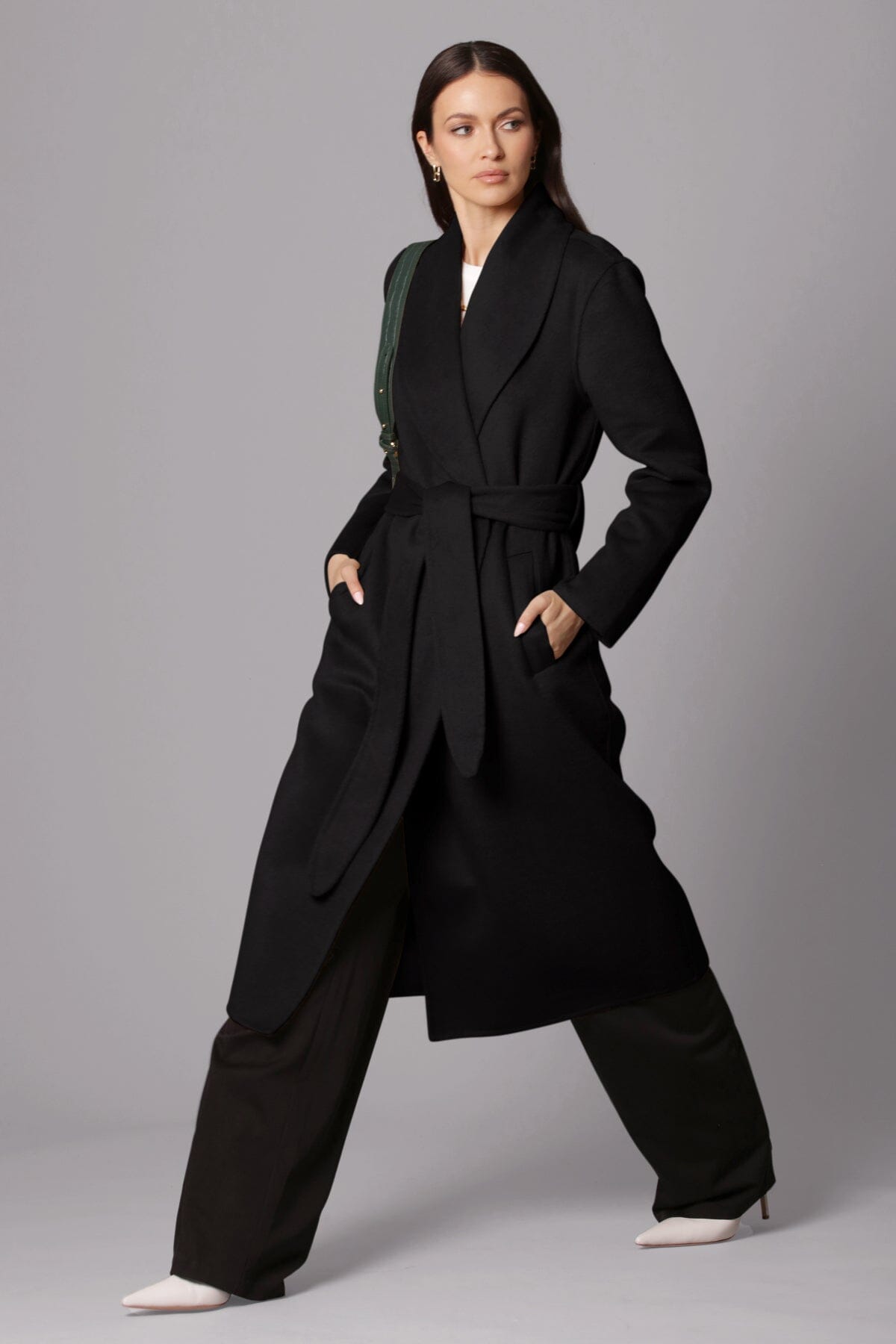 black double face wrap mid length coat - figure flattering work appropriate outerwear for women