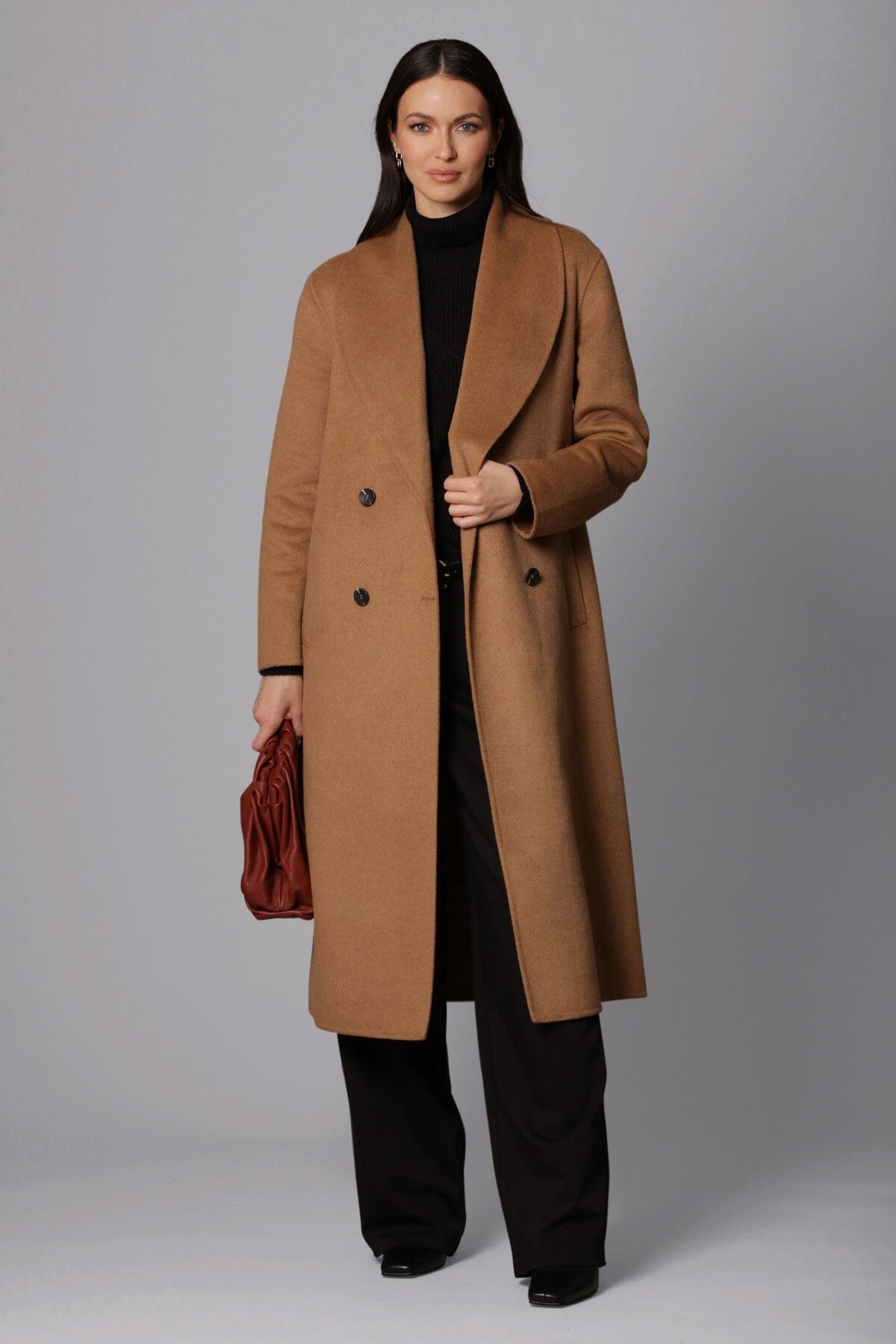 camel brown double face wrap mid length coat - women's figure flattering office to date night coats 