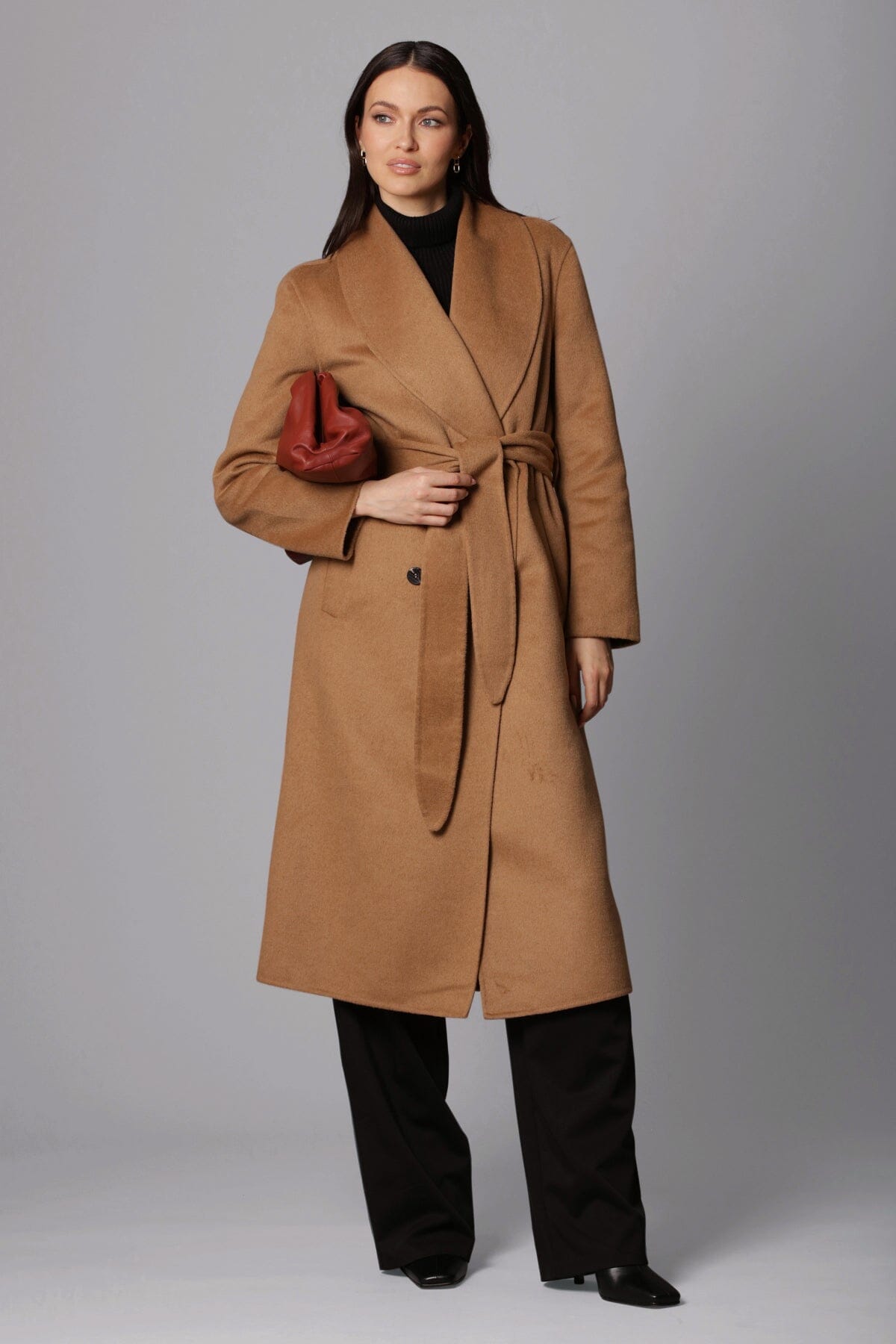 camel brown double face wrap mid length coat - figure flattering date night coats outerwear for women