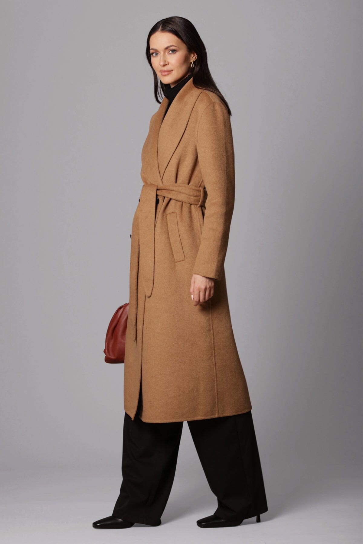 camel brown double face wrap mid length coat - women's figure flattering office to date night outerwear