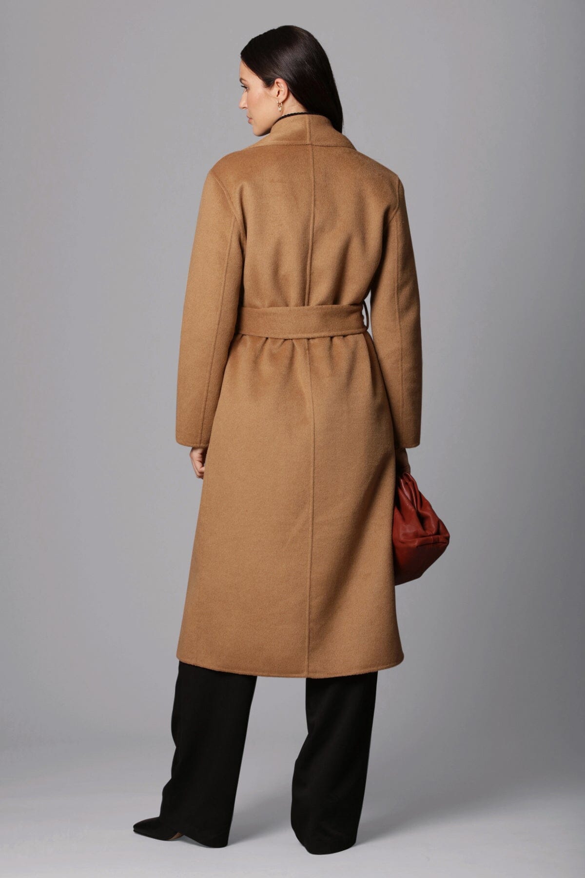 camel brown double face wrap mid length coat - figure flattering day to night coats outerwear for women