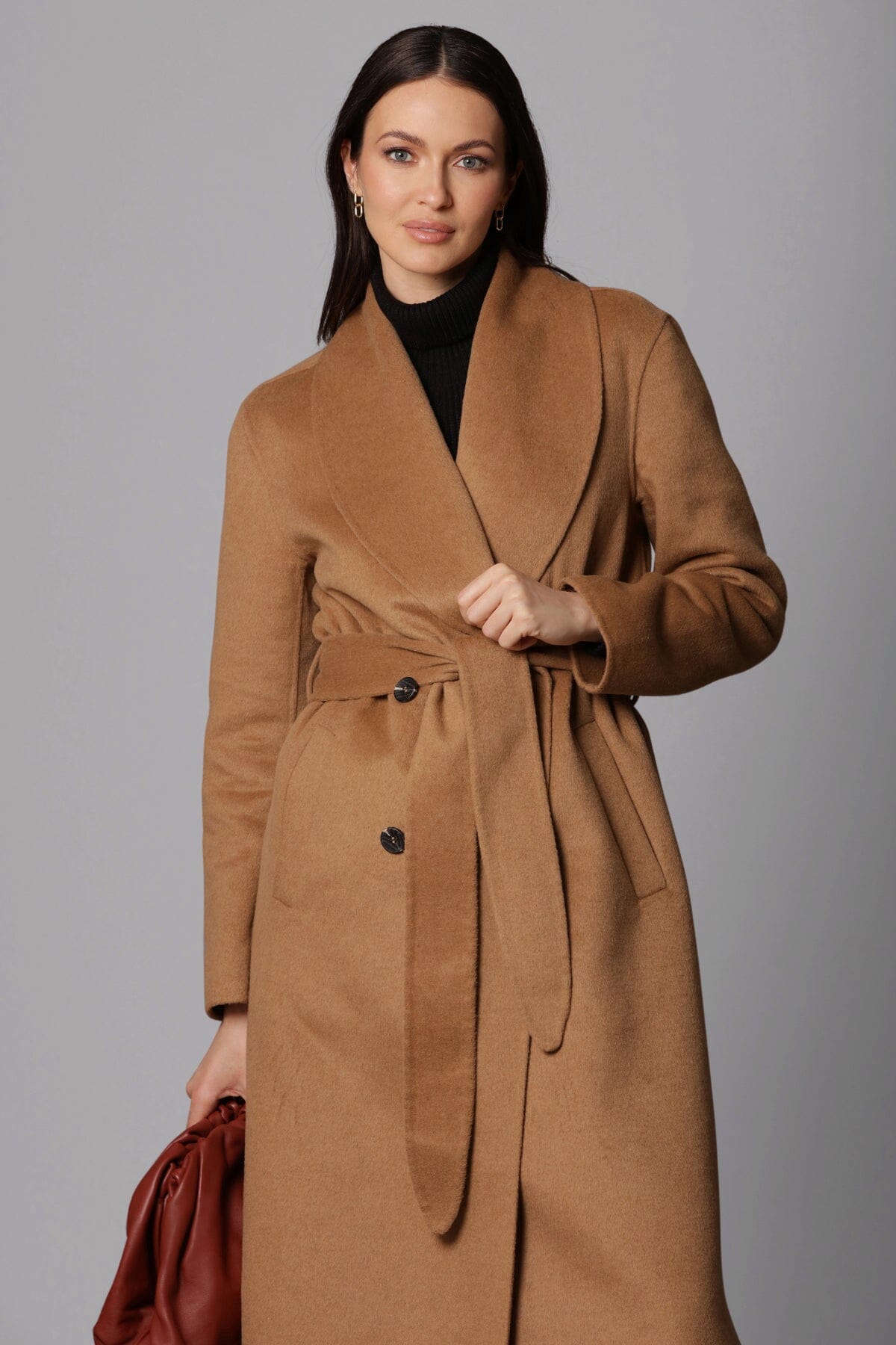 camel brown double face wrap mid length coat - figure flattering date night coats outerwear for women