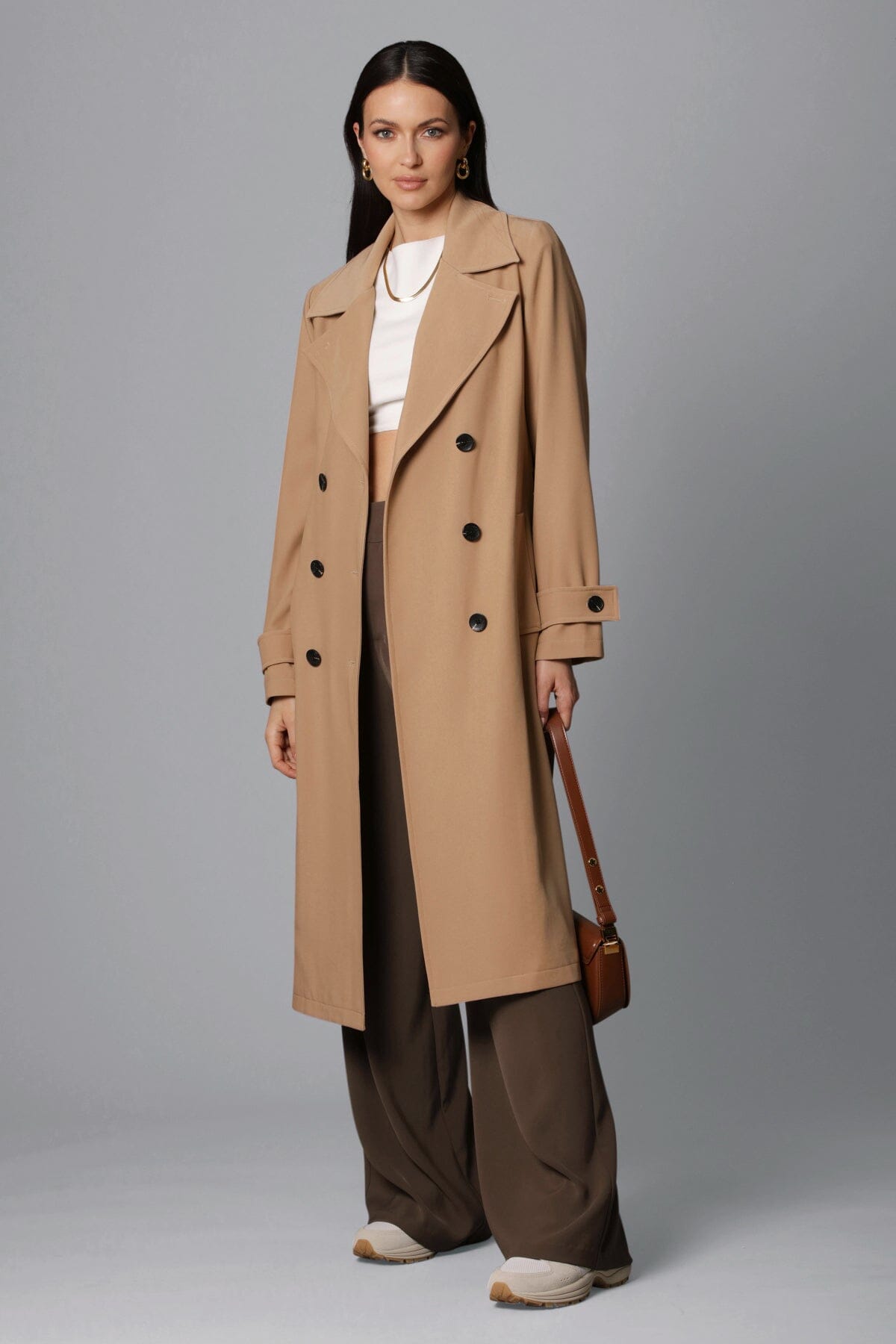 double breasted relaxed stretch crepe duster long trench coat khaki beige - figure flattering designer fashion day to night long coats outerwear for women