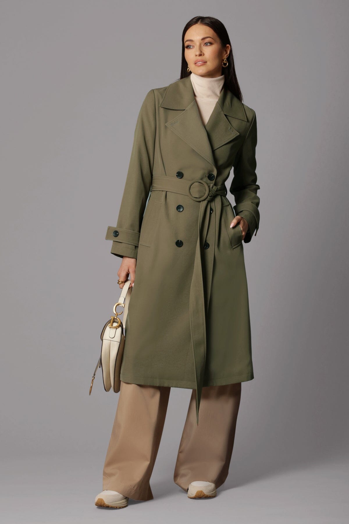 Double Breasted Relaxed Stretch Crepe Duster Trench Coat Olive Green - Figure Flattering Designer Fashion Fall Coats Outerwear for Women