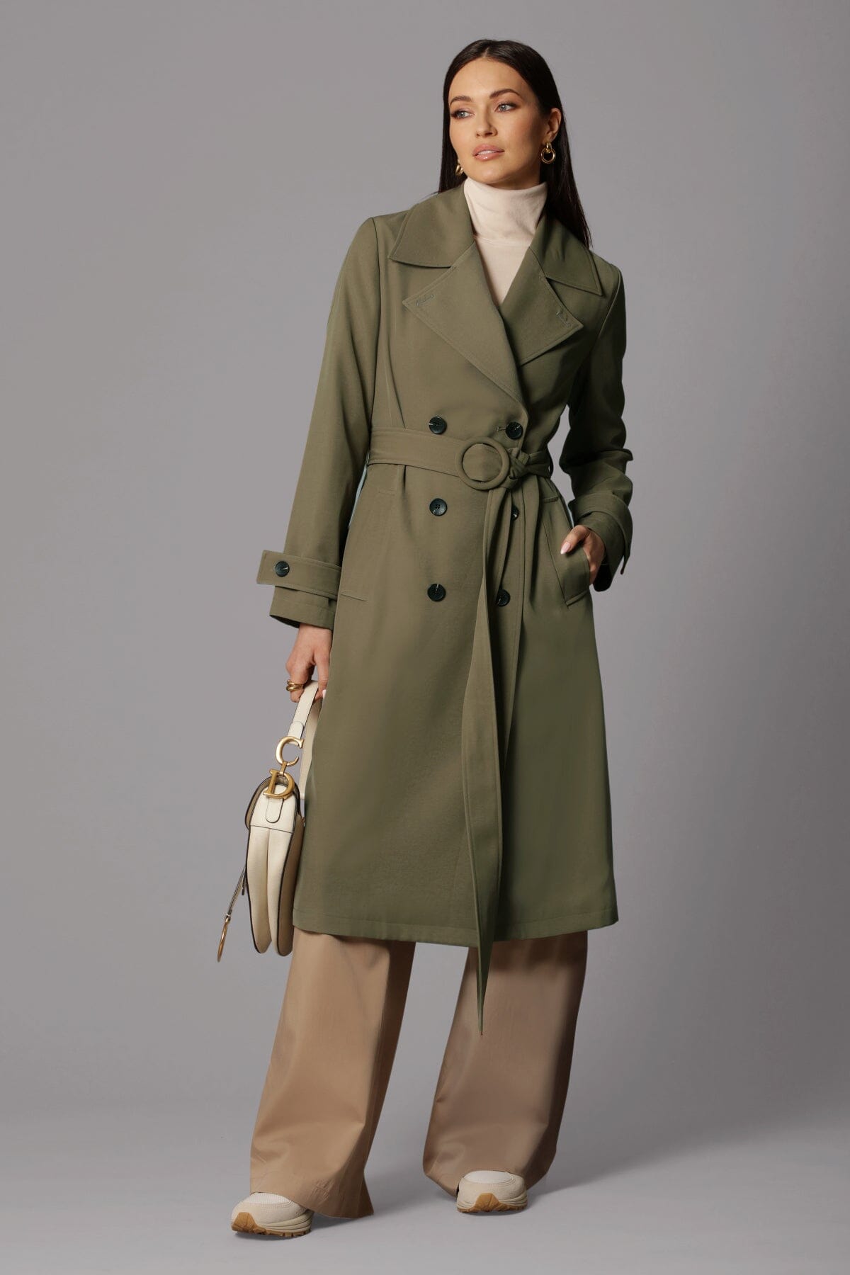 double breasted relaxed stretch crepe duster trench coat olive green - figure flattering designer fashion fall coats outerwear for women