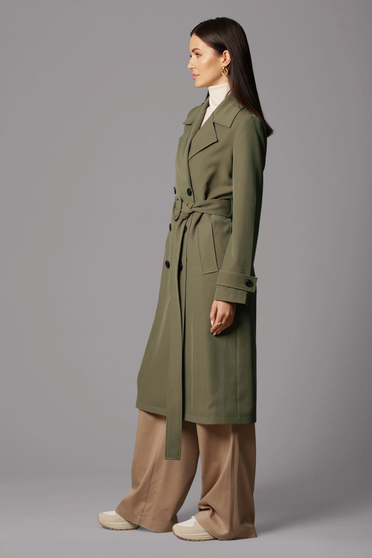 double breasted relaxed stretch crepe duster trench coat olive green - women's figure flattering designer fashion long coats outerwear
