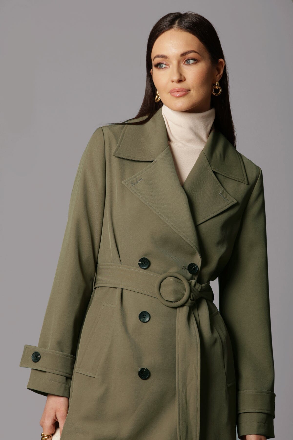 double breasted relaxed stretch crepe duster trench coat olive green outerwear - figure flattering designer fashion long fall coats for women
