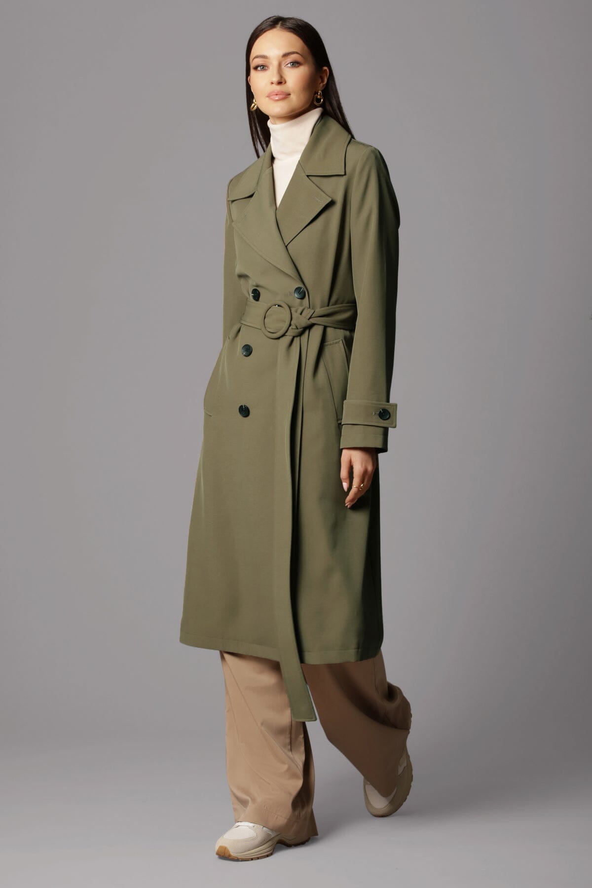 double breasted relaxed stretch crepe duster trench coat olive green outerwear - figure flattering designer fashion long coats for women