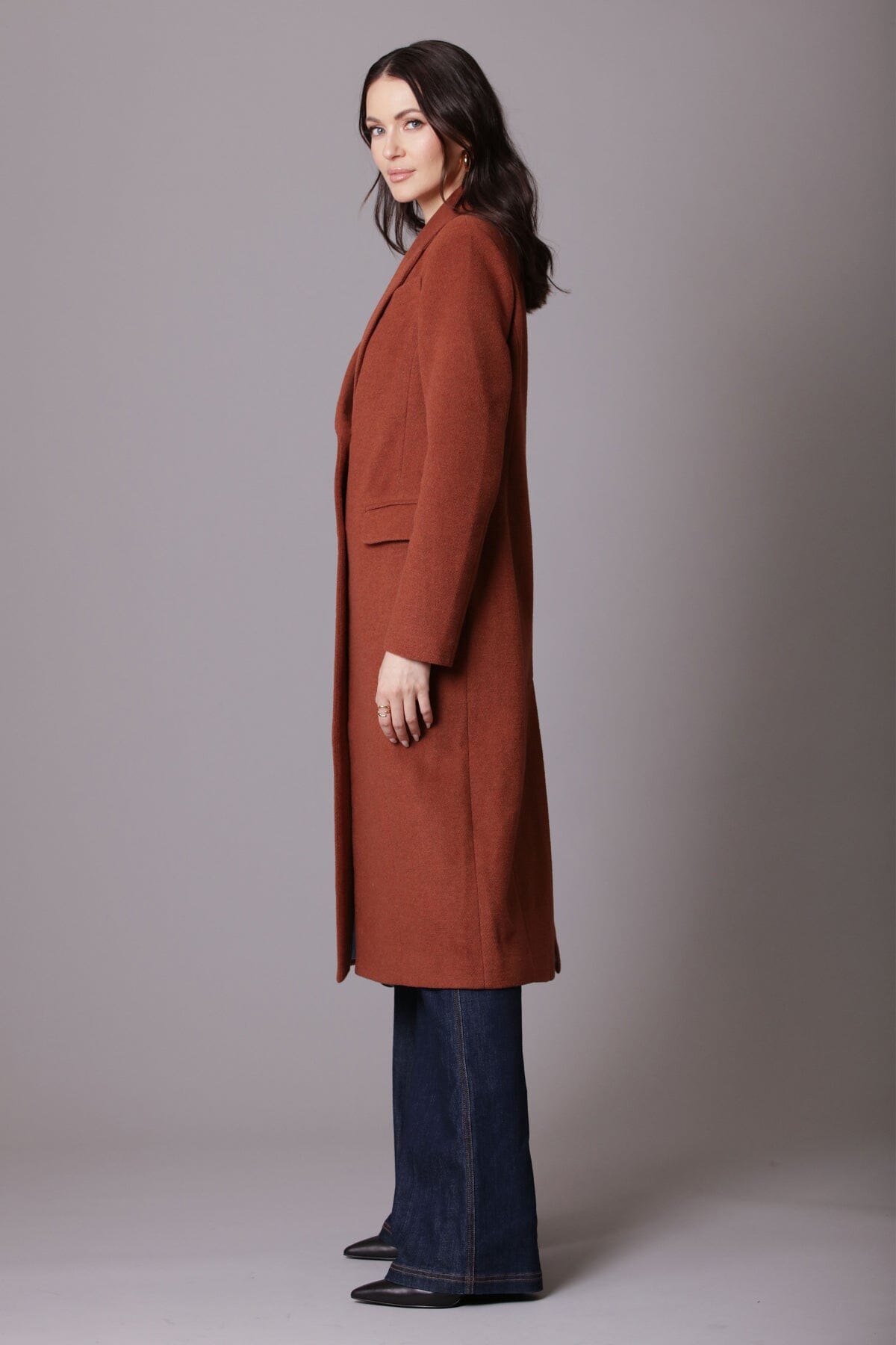 Cinnamon brown wool blend longline blazer coat jacket - women's figure flattering sophisticated long blazers for fall