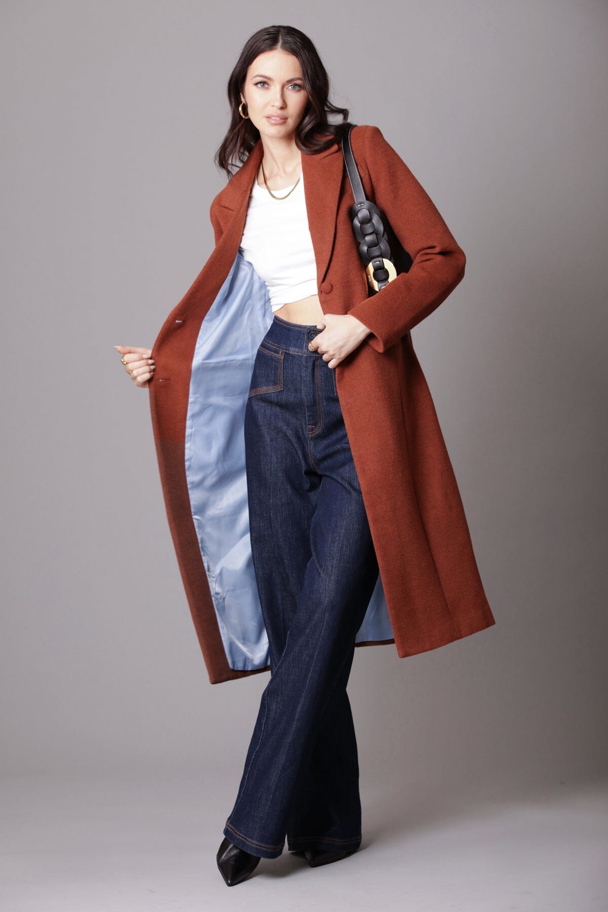 Cinnamon brown wool blend longline blazer coat jacket - figure flattering office to date night long blazers coats for women