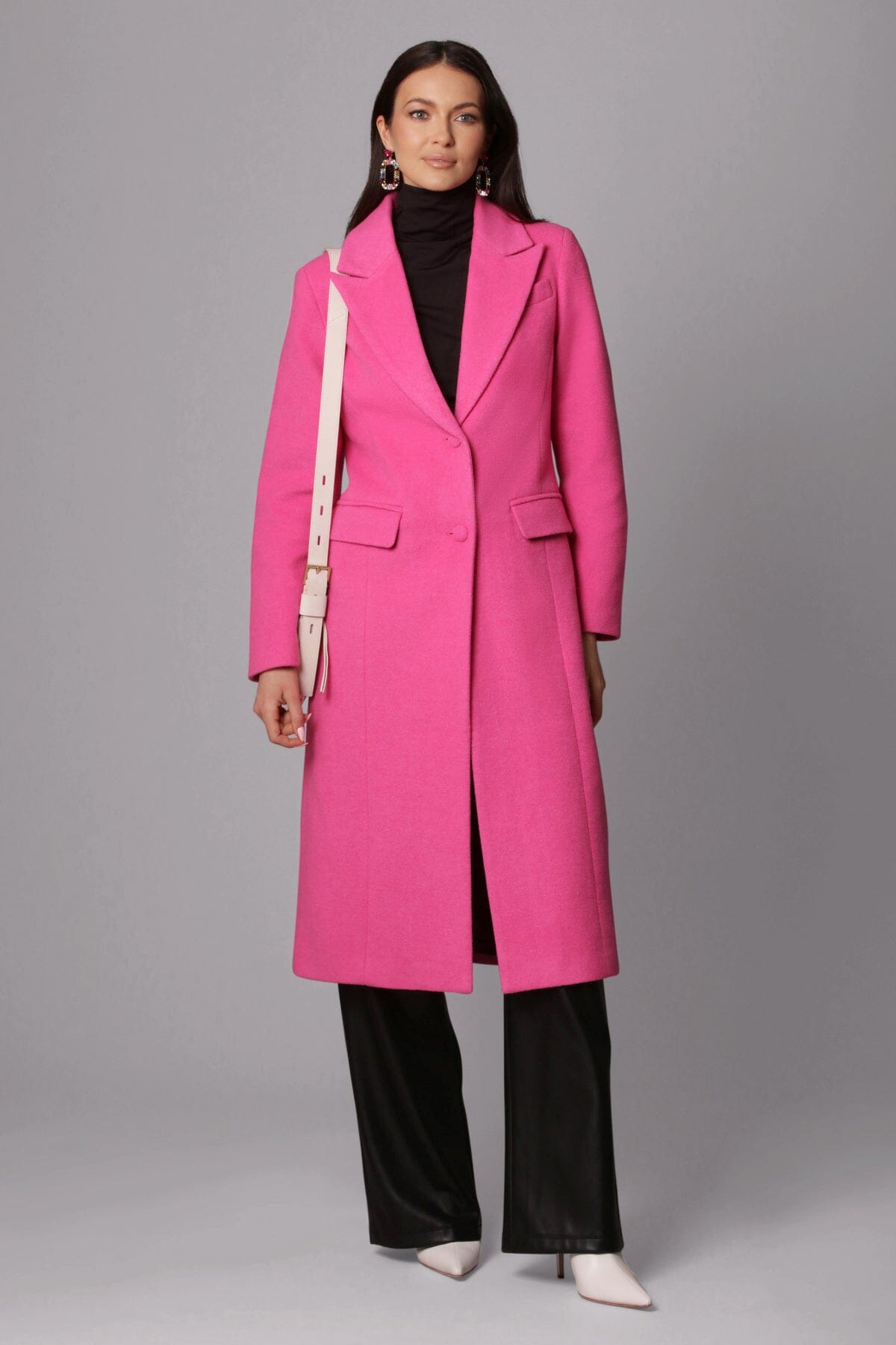 Fuschia pink wool blend longline blazer coat jacket - figure flattering office to date night outerwear for women