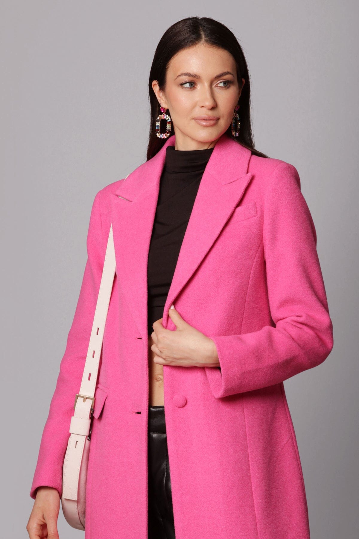 Fuschia pink wool blend longline blazer coat jacket - women's figure flattering blazers outerwear for fall 2023