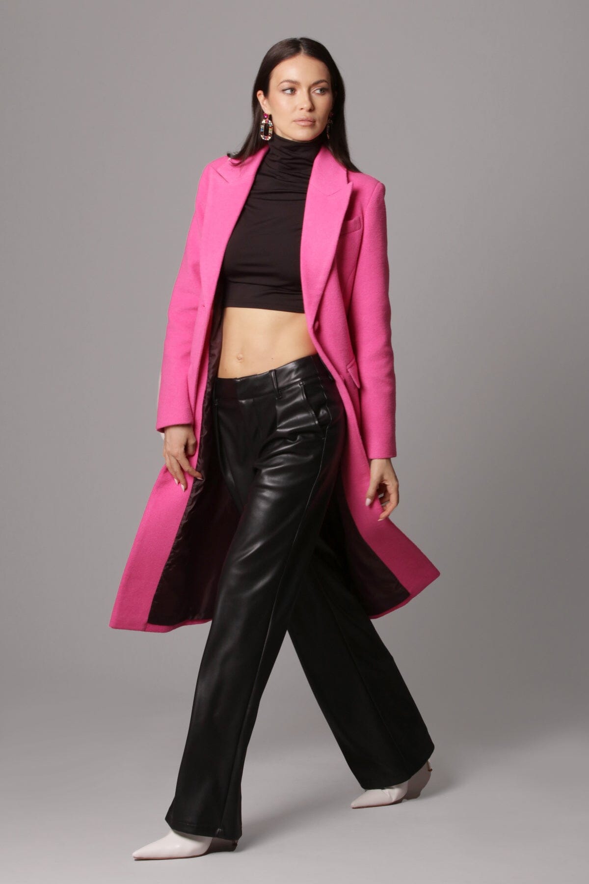 Fuschia pink wool blend longline blazer coat jacket - figure flattering date night coats outerwear for women