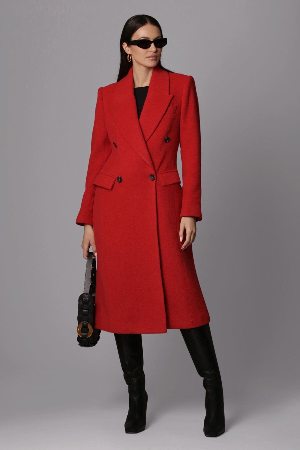 Crimson red wool blend double breasted tailored coat jacket - figure flattering work appropriate coats jackets for women