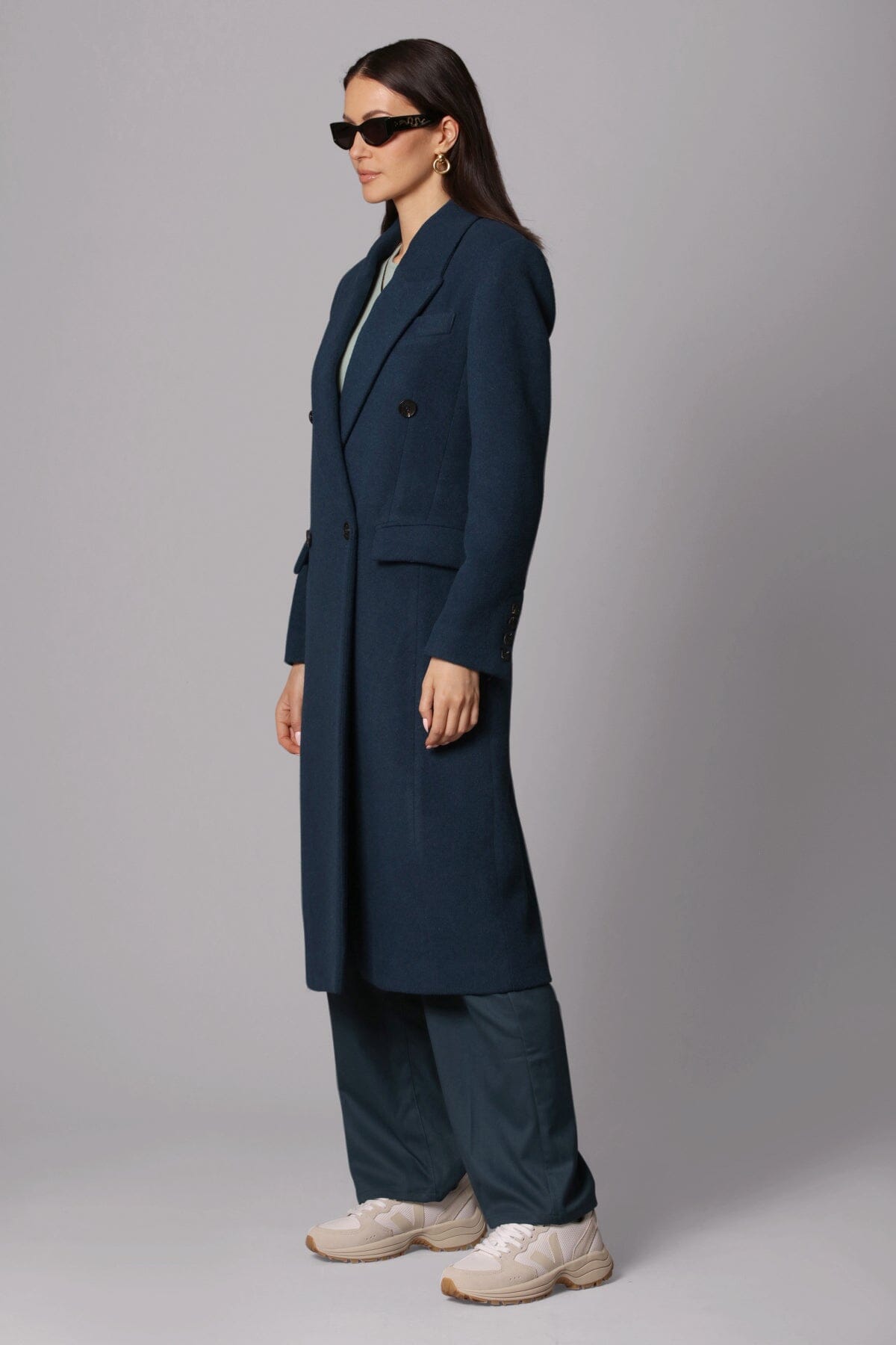 Deep teal wool blend double breasted tailored coat jacket - women's figure flattering streetwear style long coats jackets 
