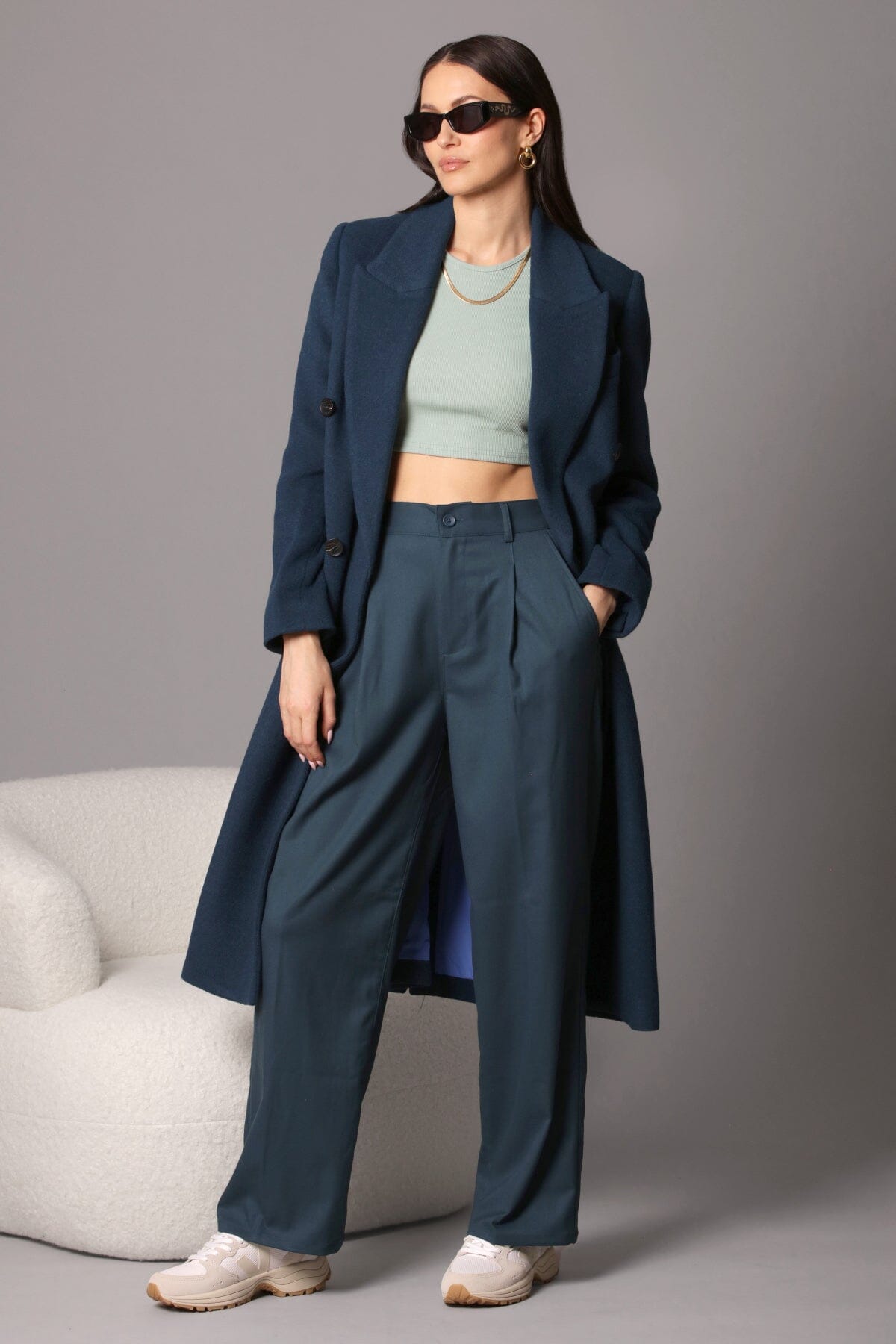 Deep teal wool blend double breasted tailored coat jacket - women's figure flattering day to night long coats outerwear