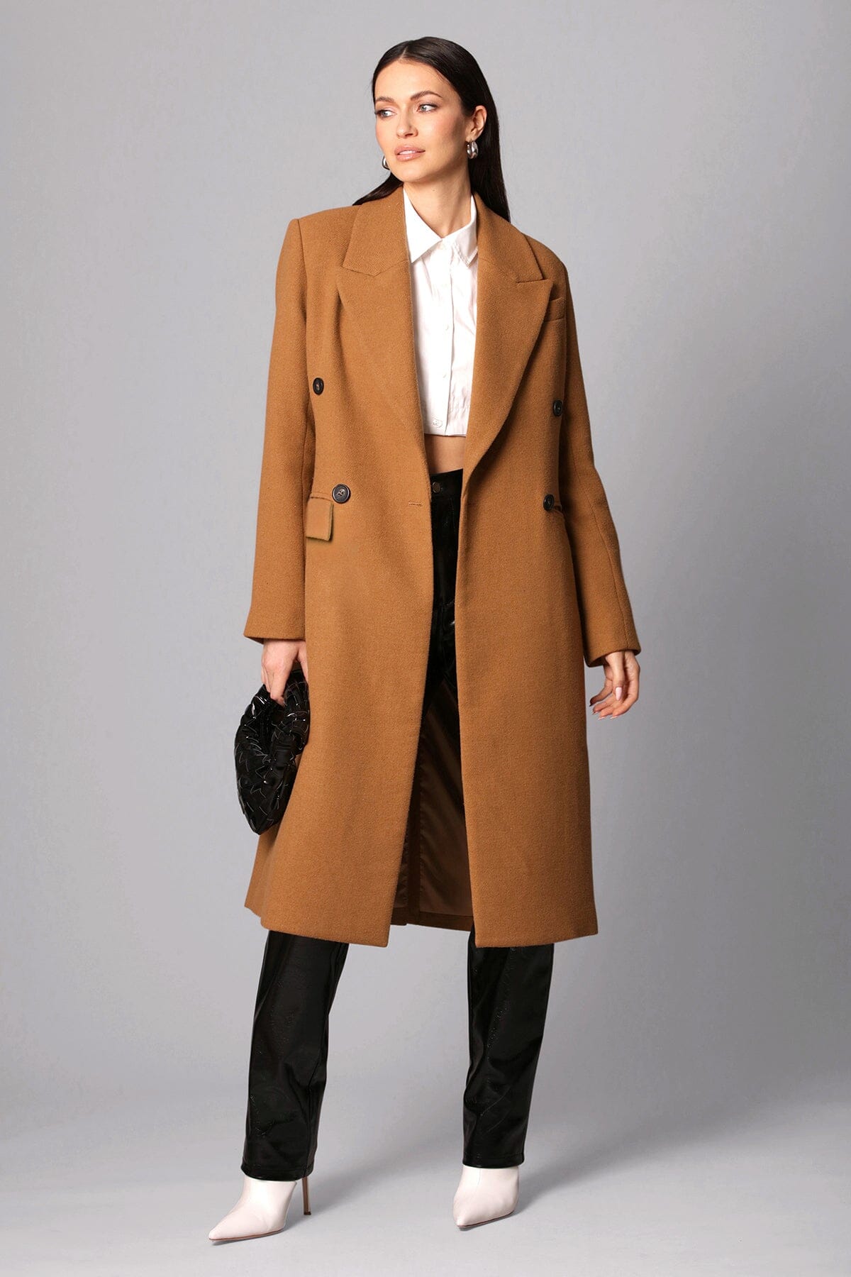 Toffee brown wool blend double breasted tailored coat jacket - women's figure flattering office to date night coats jackets