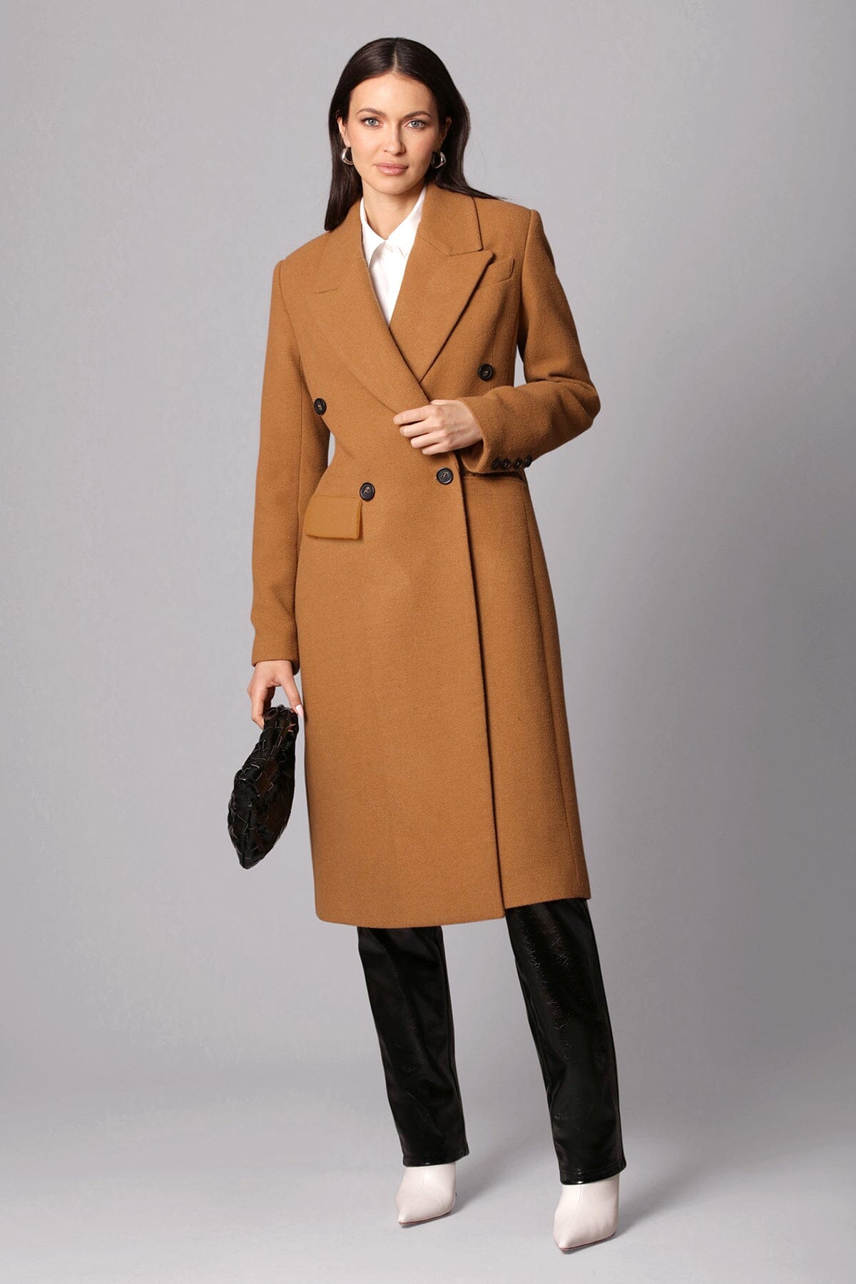 Toffee brown wool blend double breasted tailored long coat jacket - figure flattering work appropriate outerwear for women