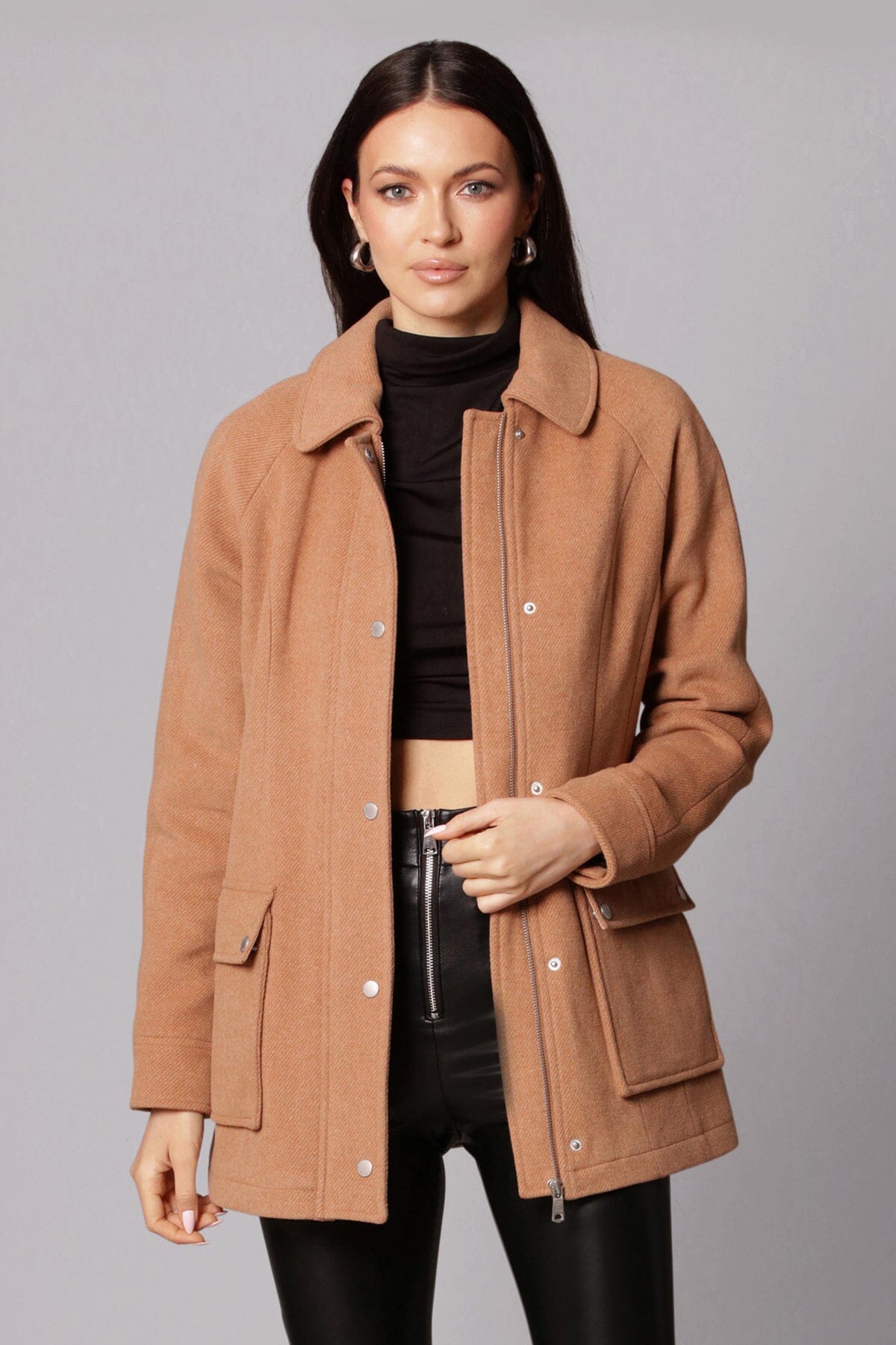 Light brown twill wool blend zip-front jacket coat outerwear - figure flattering casual to dressy jackets coats for women