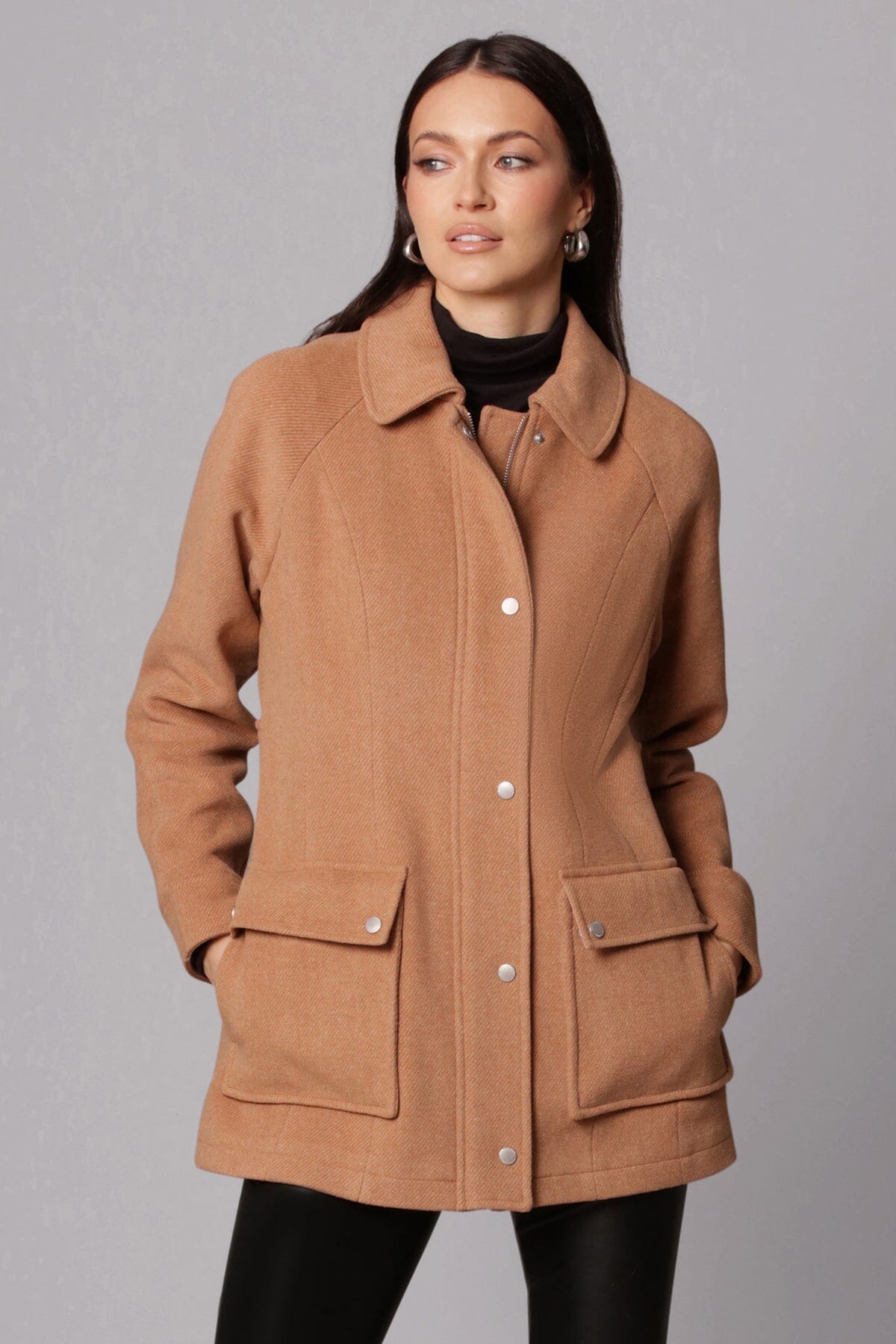 Light brown twill wool blend zip-front jacket coat outerwear - women's figure flattering street style jackets coats for fall 2023 fashion trends