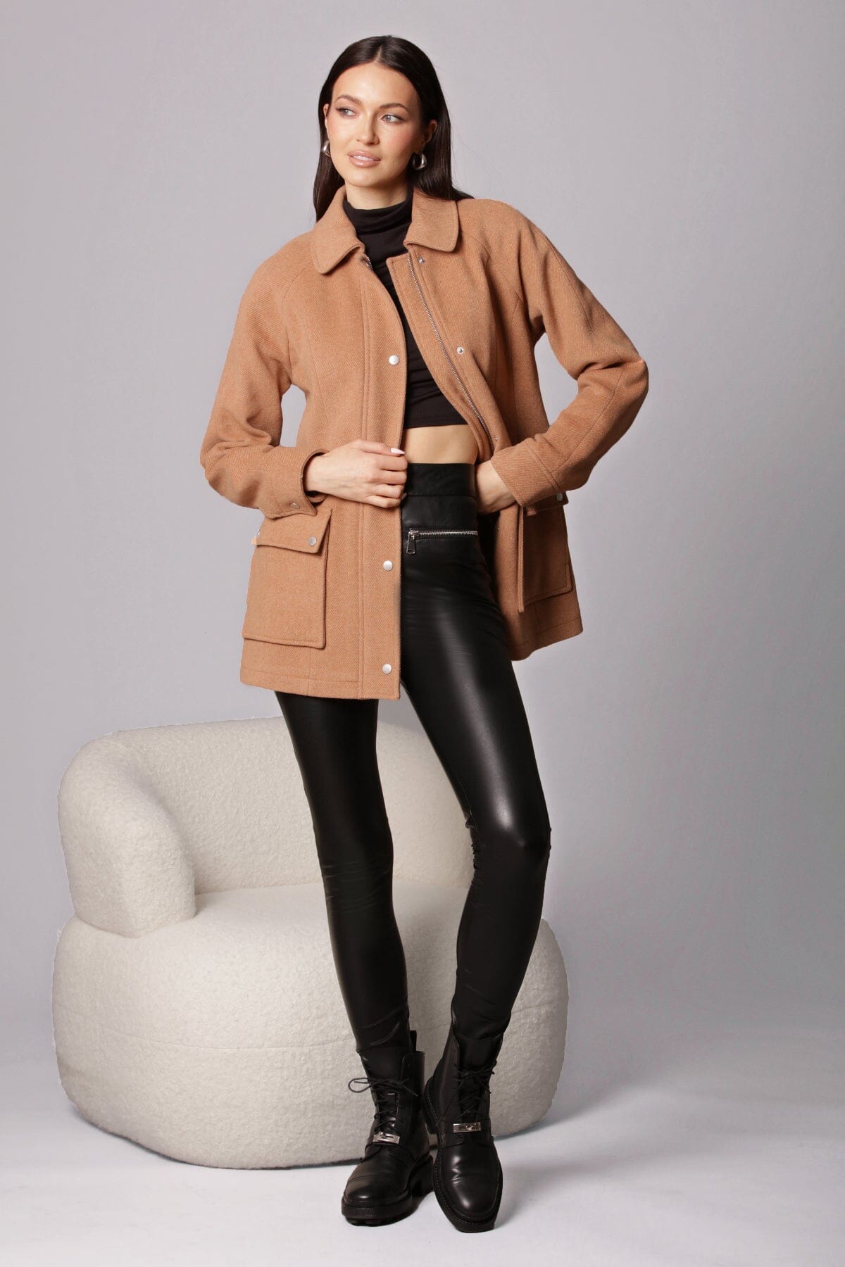 Light brown twill wool blend zip-front jacket coat outerwear - women's figure flattering streetwear style jackets outerwear for fall fashion