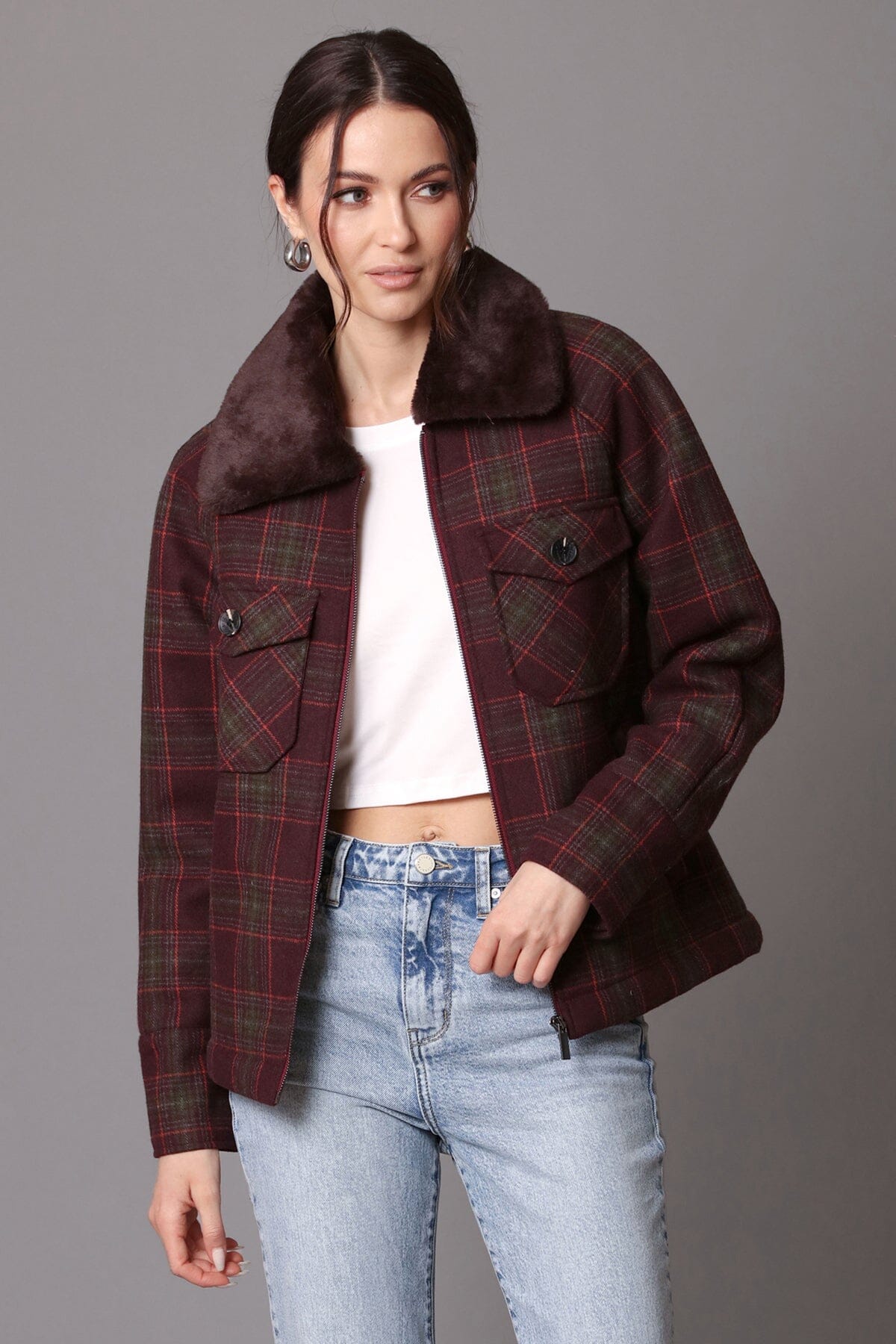 Maroon plaid zip front faux fur collared jacket coat - figure flattering cozy fall 2023 coats jackets for women