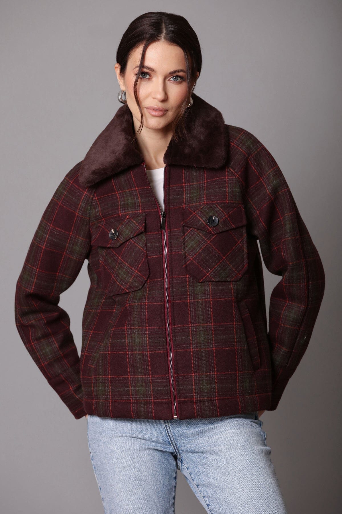 Maroon plaid zip-front faux fur collared jacket coat - cute figure flattering women's jackets for fall