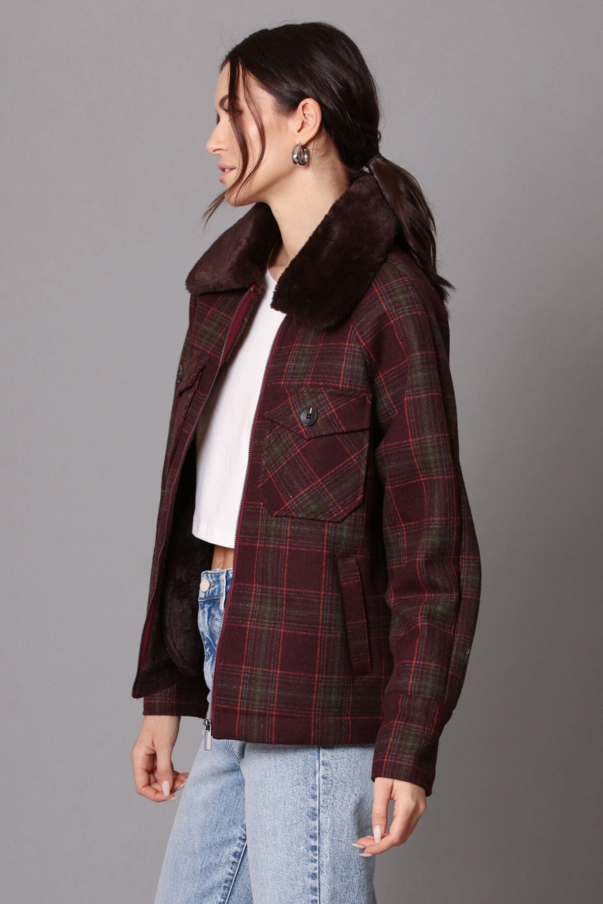 Maroon plaid zip-front faux fur collared jacket coat - women's figure flattering cute outerwear for fall